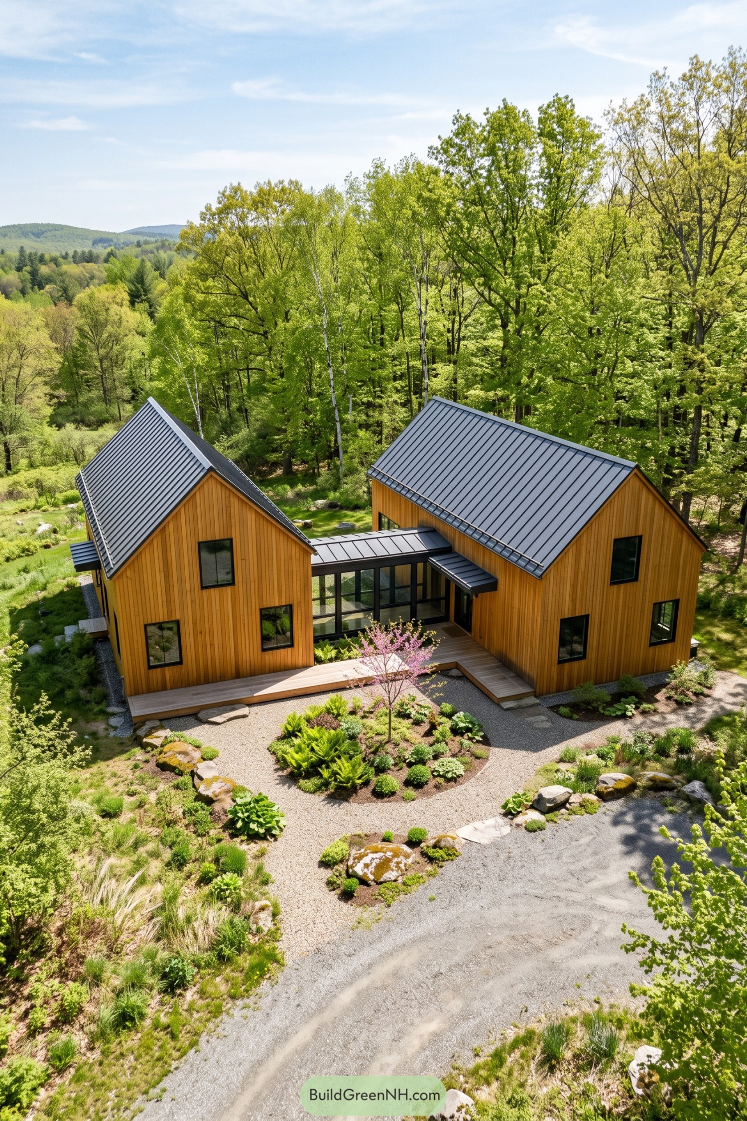 Twin timber barns linked by a glazed courtyard in woodland