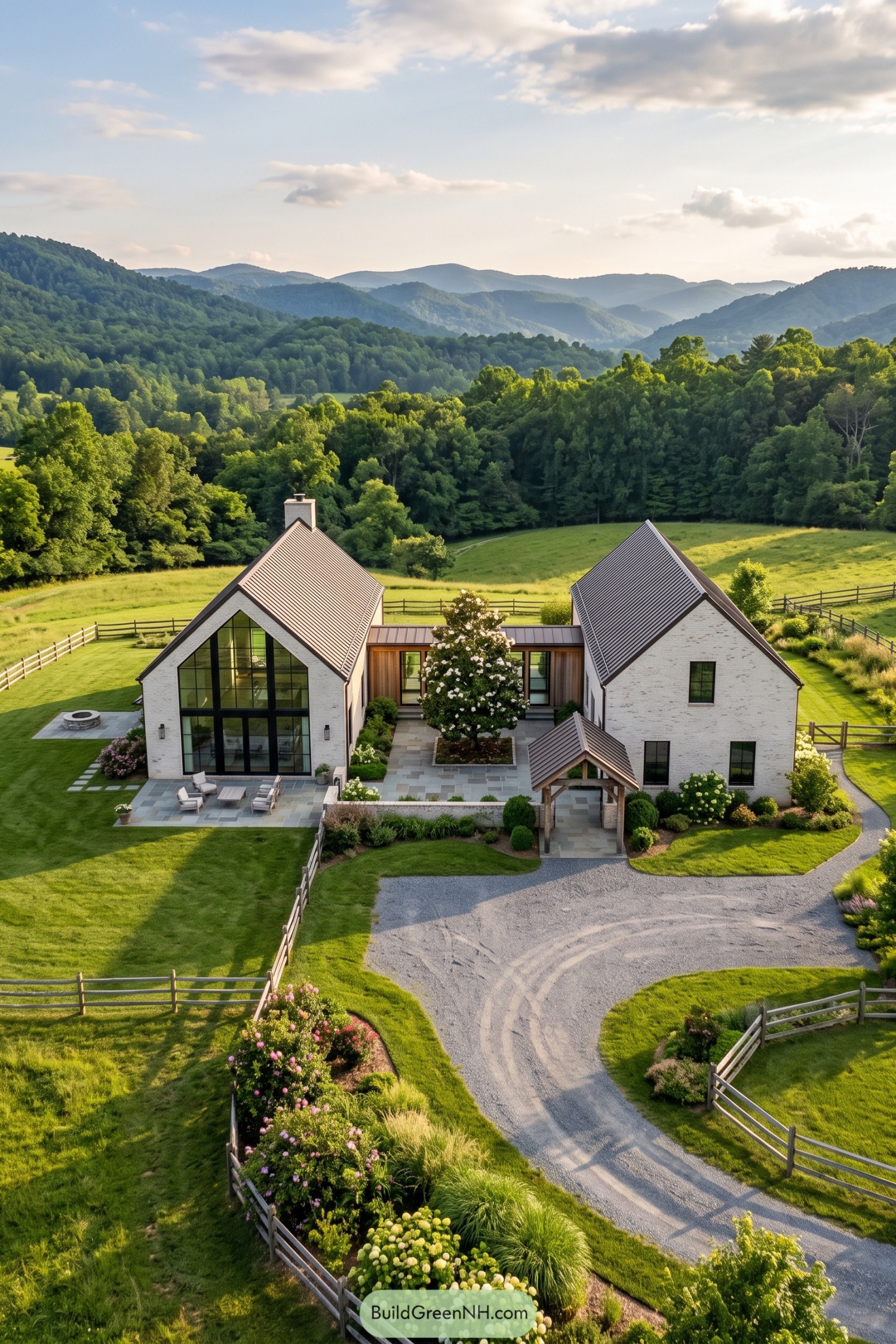 Twin white brick barn homes with steep roofs in a mountain meadow