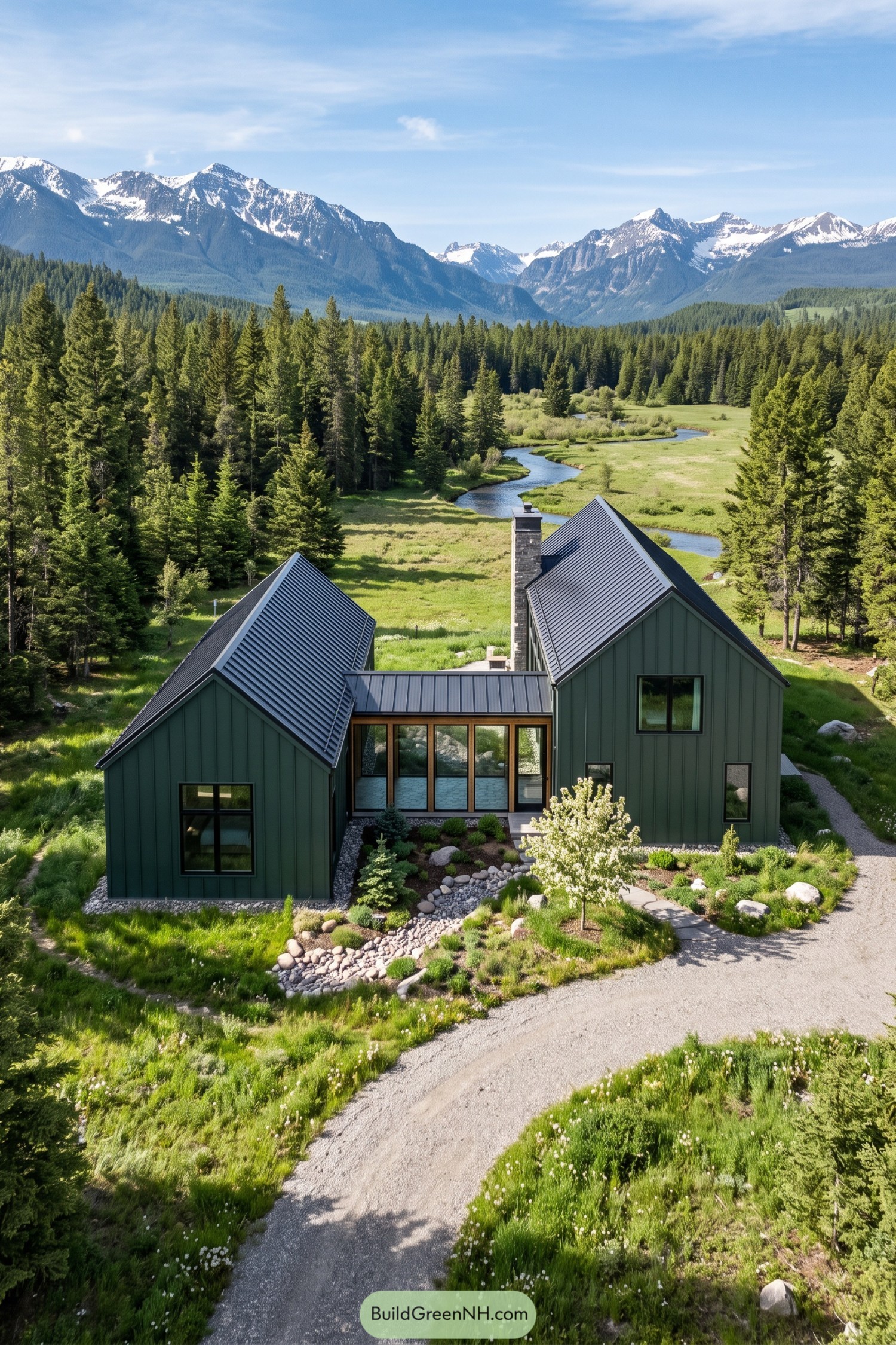 Green twin-gabled barn home beside a mountain creek