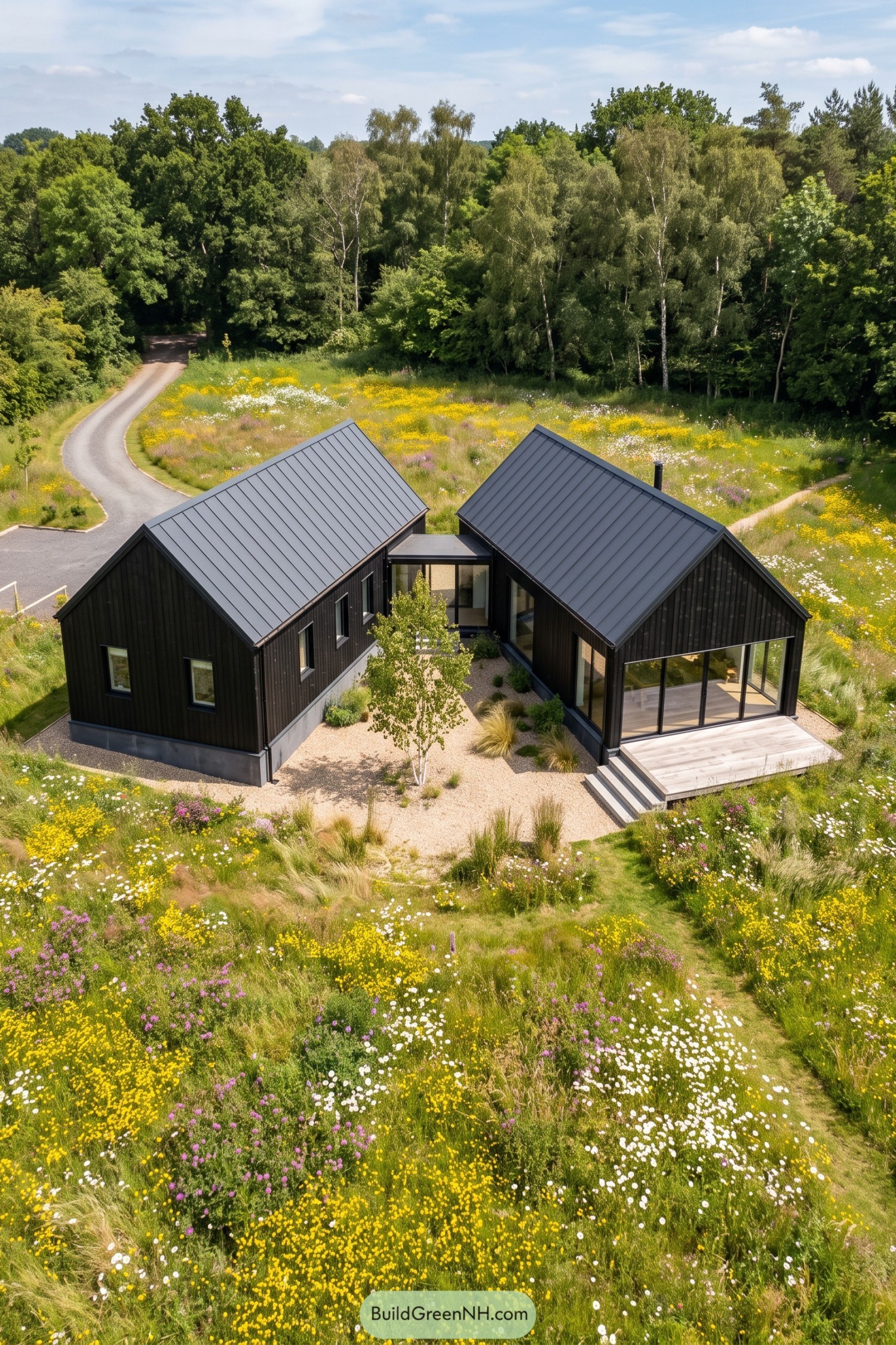 Black twin barn volumes with glazed courtyard in a wildflower meadow