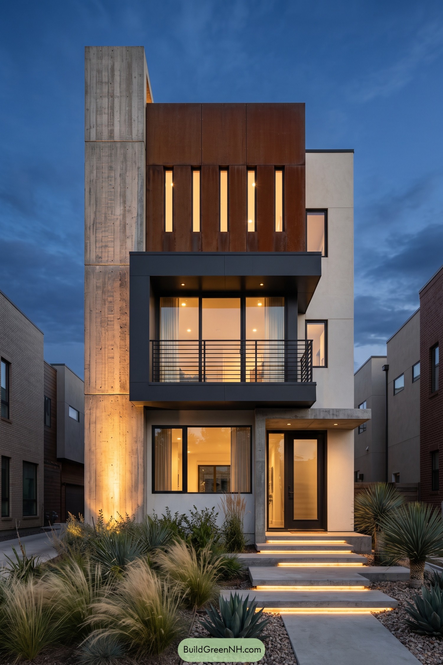 Three story modern home with rust toned metal panels, a tall concrete wall, and a charcoal framed balcony