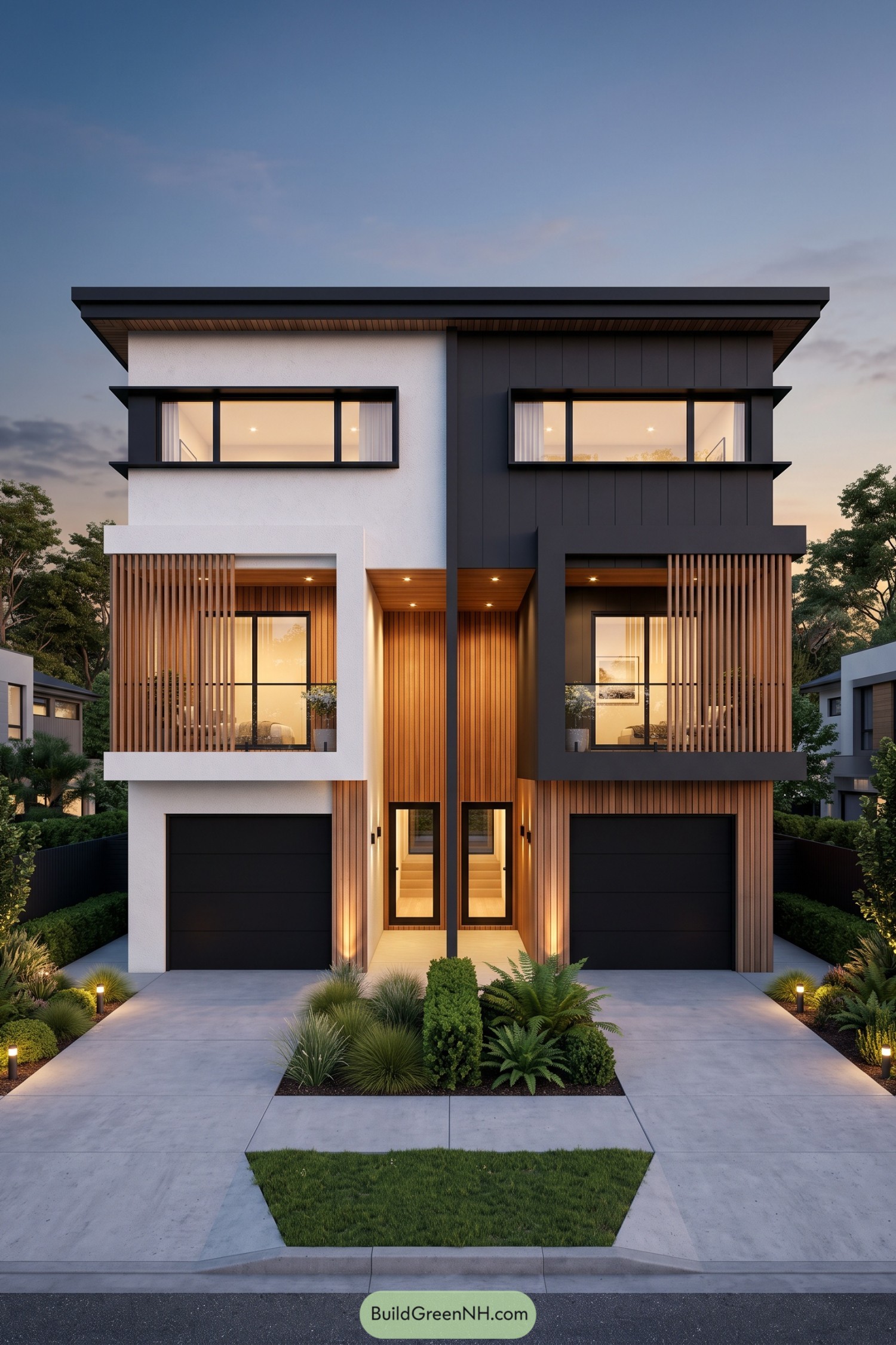 Three storey duplex with contrasting white and charcoal facades, timber balcony screens, recessed entrances and black garage doors