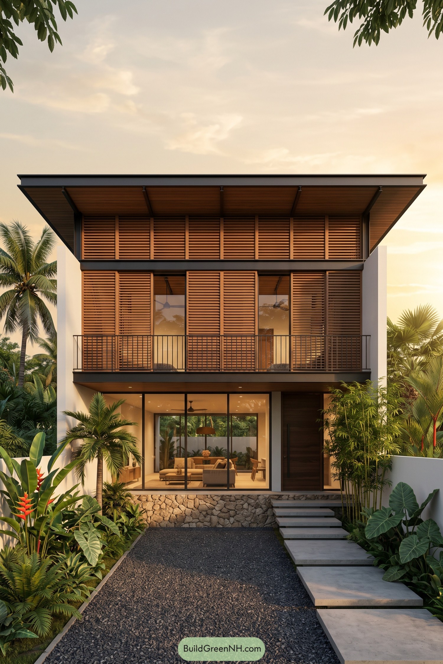 Modern tropical home with wooden louvers, a slim metal balcony, deep roof overhangs, and a lush garden approach