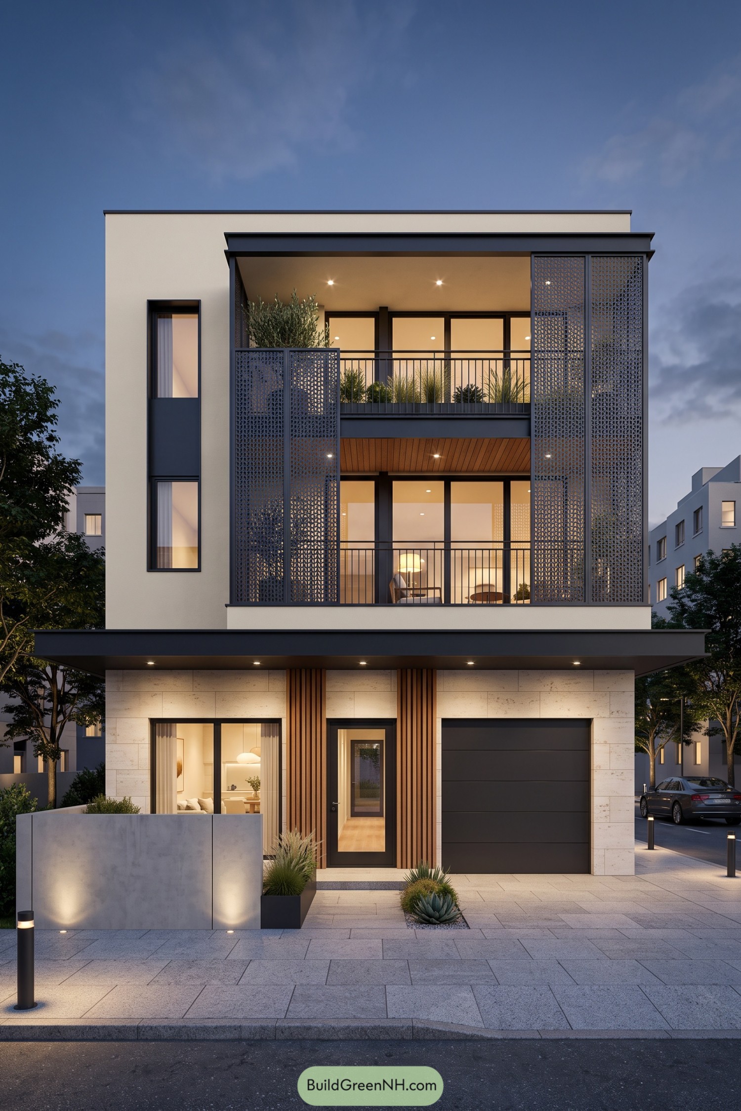 Three story home with patterned metal screens framing stacked balconies above a stone and timber entrance