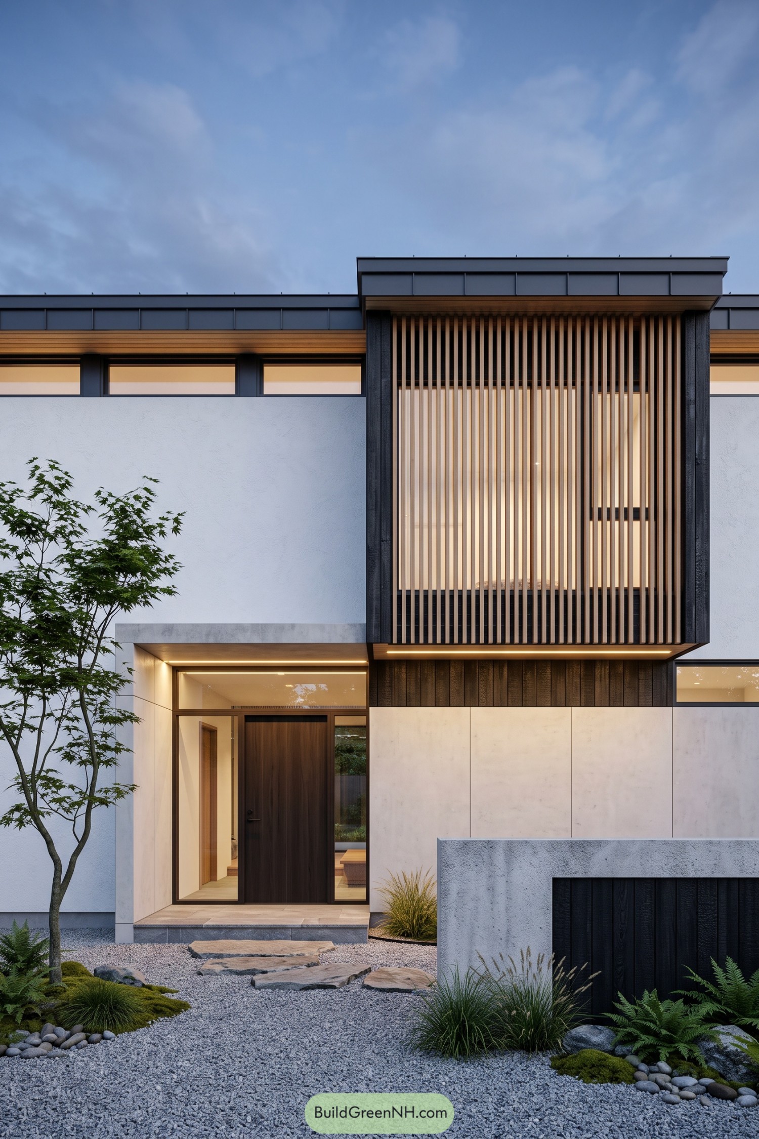 Modern white facade with a tall timber screen, charcoal trim, recessed entrance and gravel garden with stepping stones