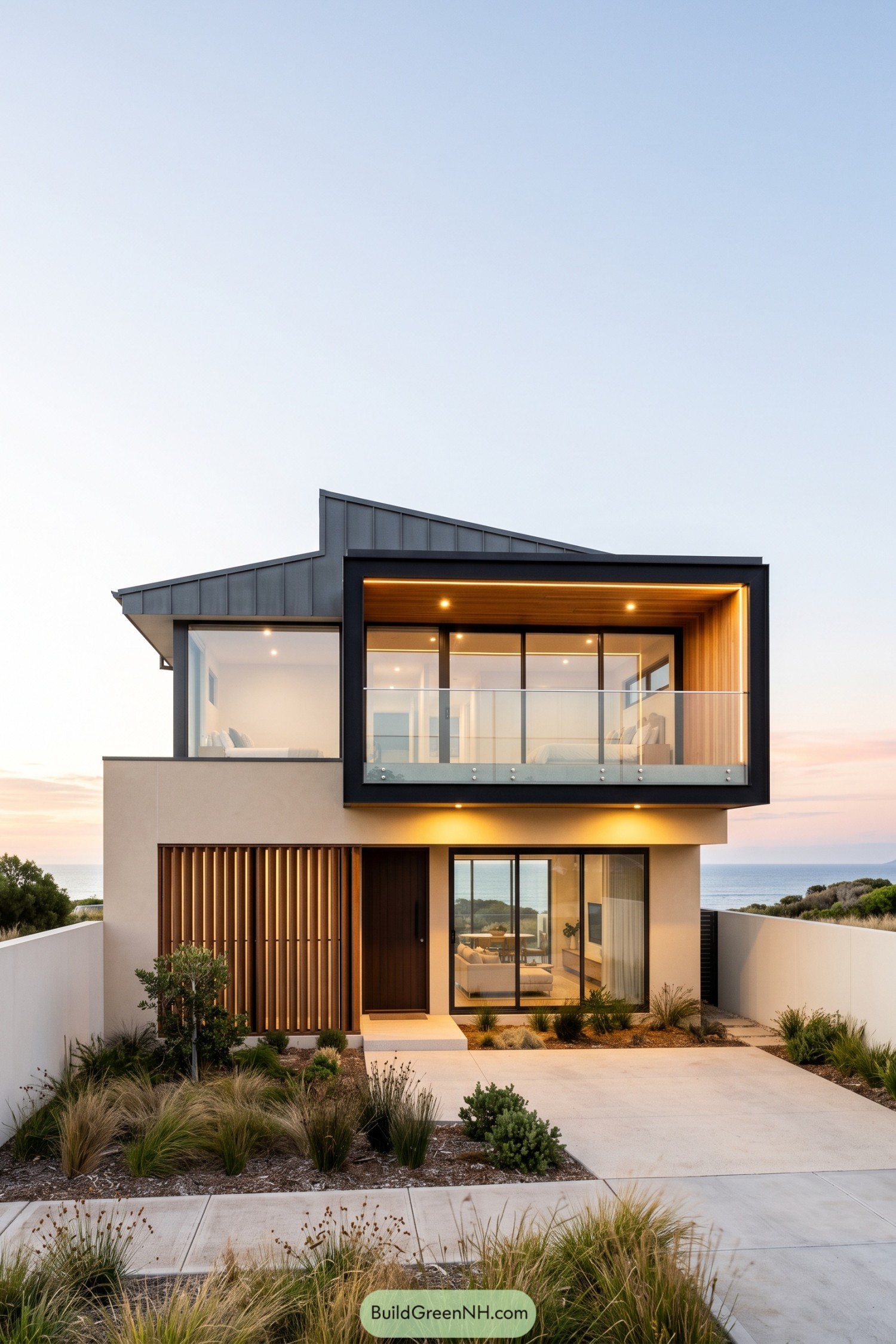 Modern coastal home with angular metal roofs, a timber-lined balcony, glass balustrade, and vertical timber screening
