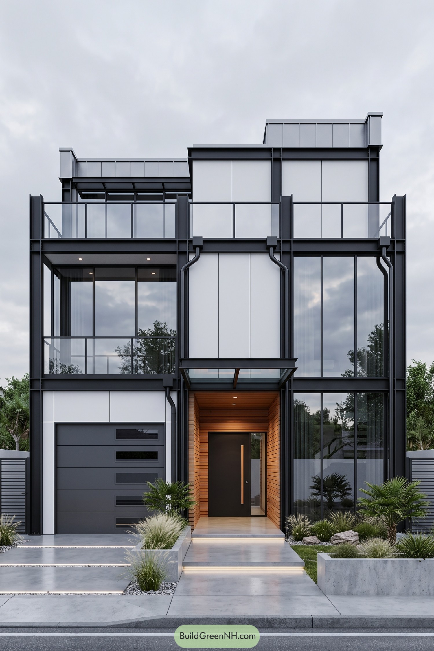 Modern facade with exposed steel framing, white panels, tall windows, glass balconies and a recessed timber entrance
