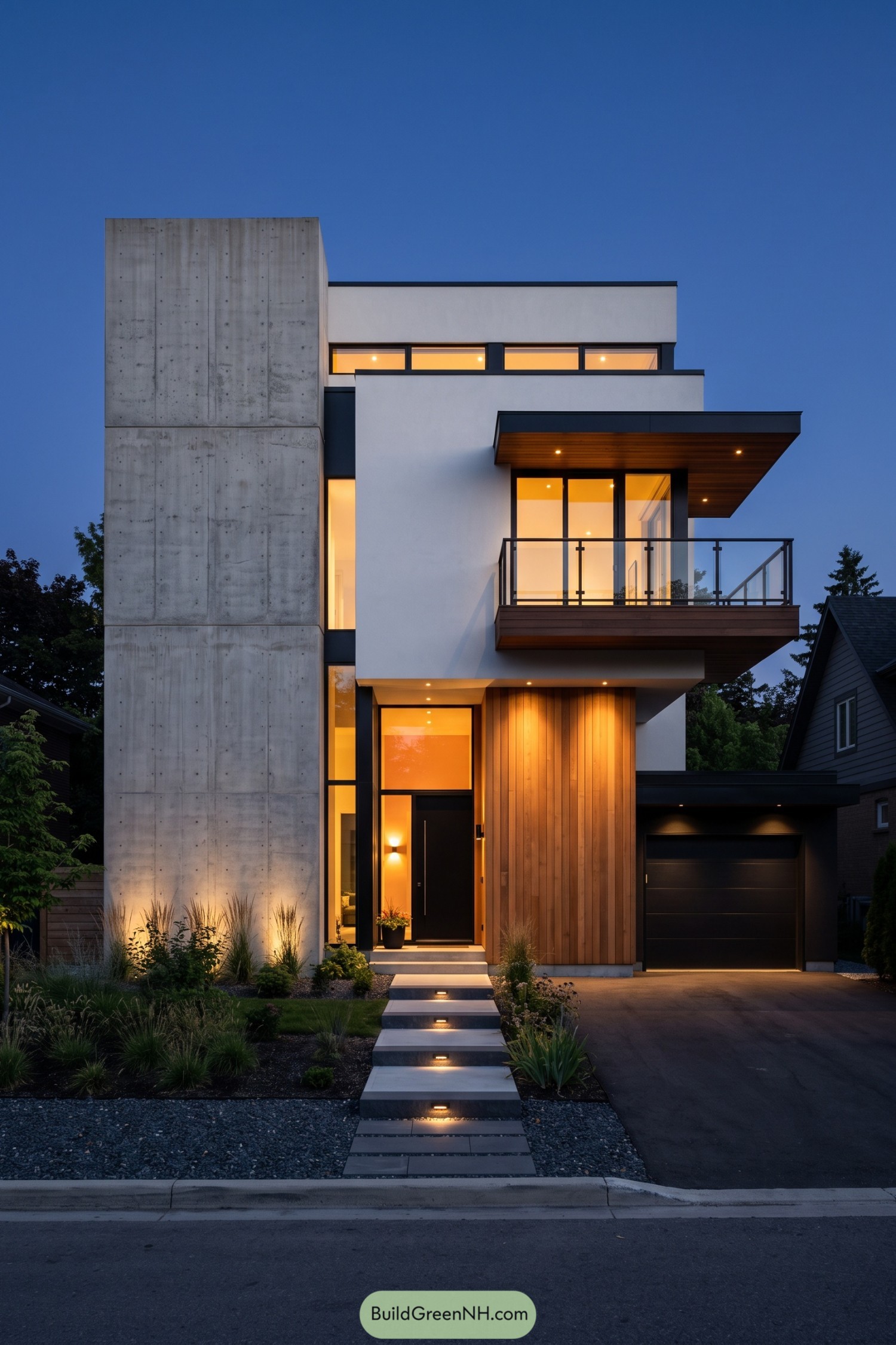 Modern narrow home with a tall concrete wall, white volumes, timber cladding, and a glass balcony above the entrance