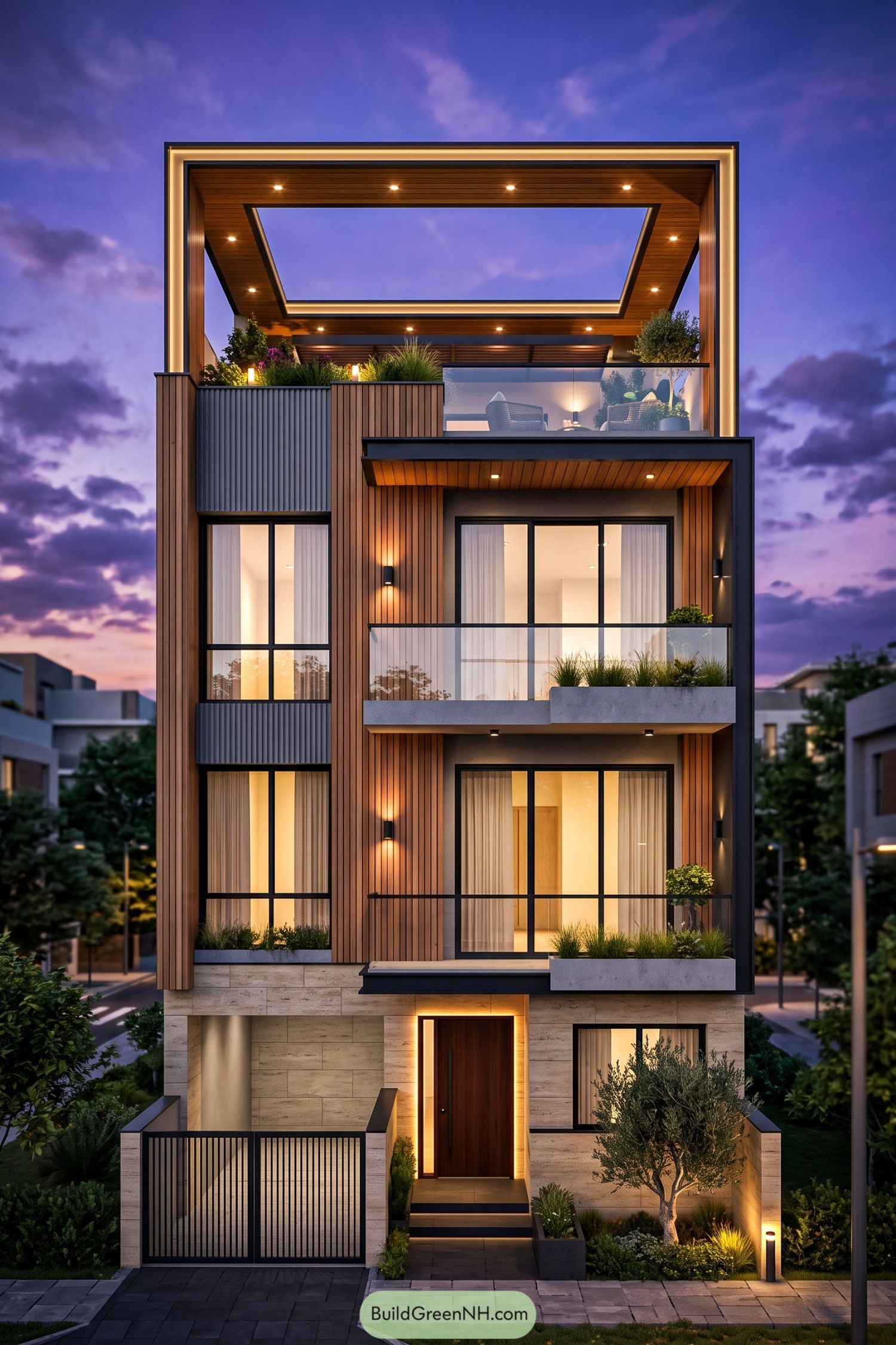 Narrow modern townhouse with vertical wood cladding, glass balconies, pale stone at street level, and an open rooftop garden
