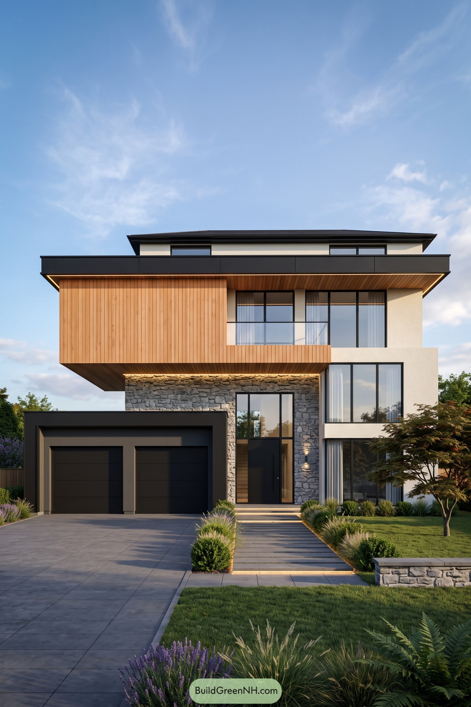 Modern home with projecting timber cladding stone entrance walls cream render and a black double garage
