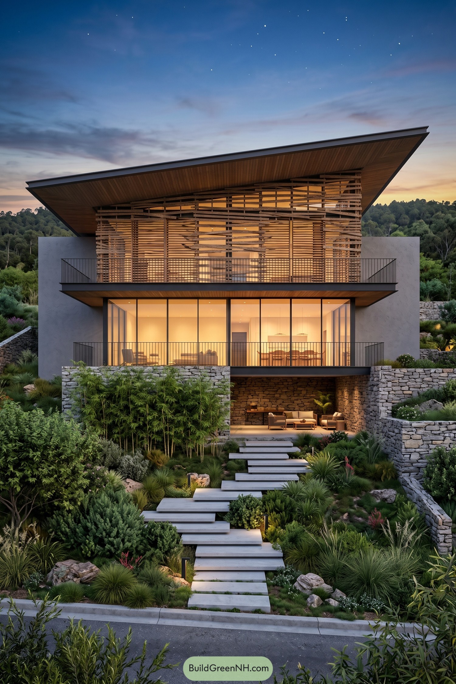 Modern hillside home with an angled roof, timber screens, glass balconies, and terraced stone landscaping