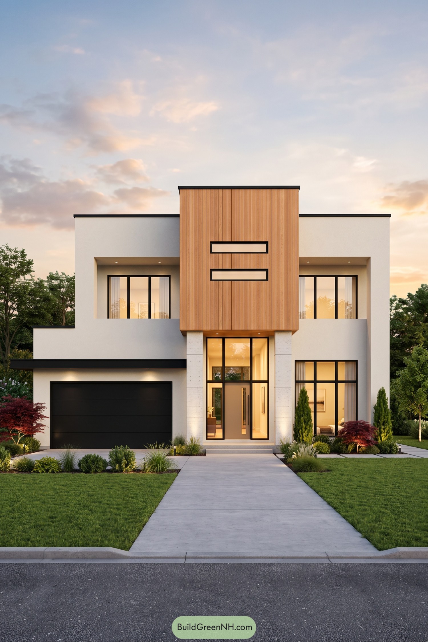 Modern two story home with white walls black window frames and a projecting timber facade above a tall glazed entrance