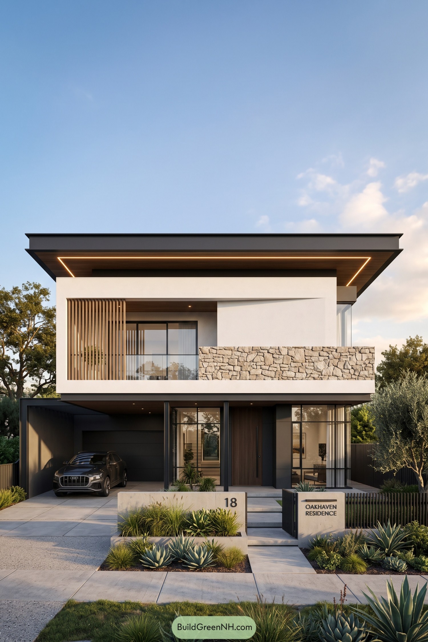 Modern two storey home with a broad roof canopy, timber screens, stone balcony wall and charcoal ground floor