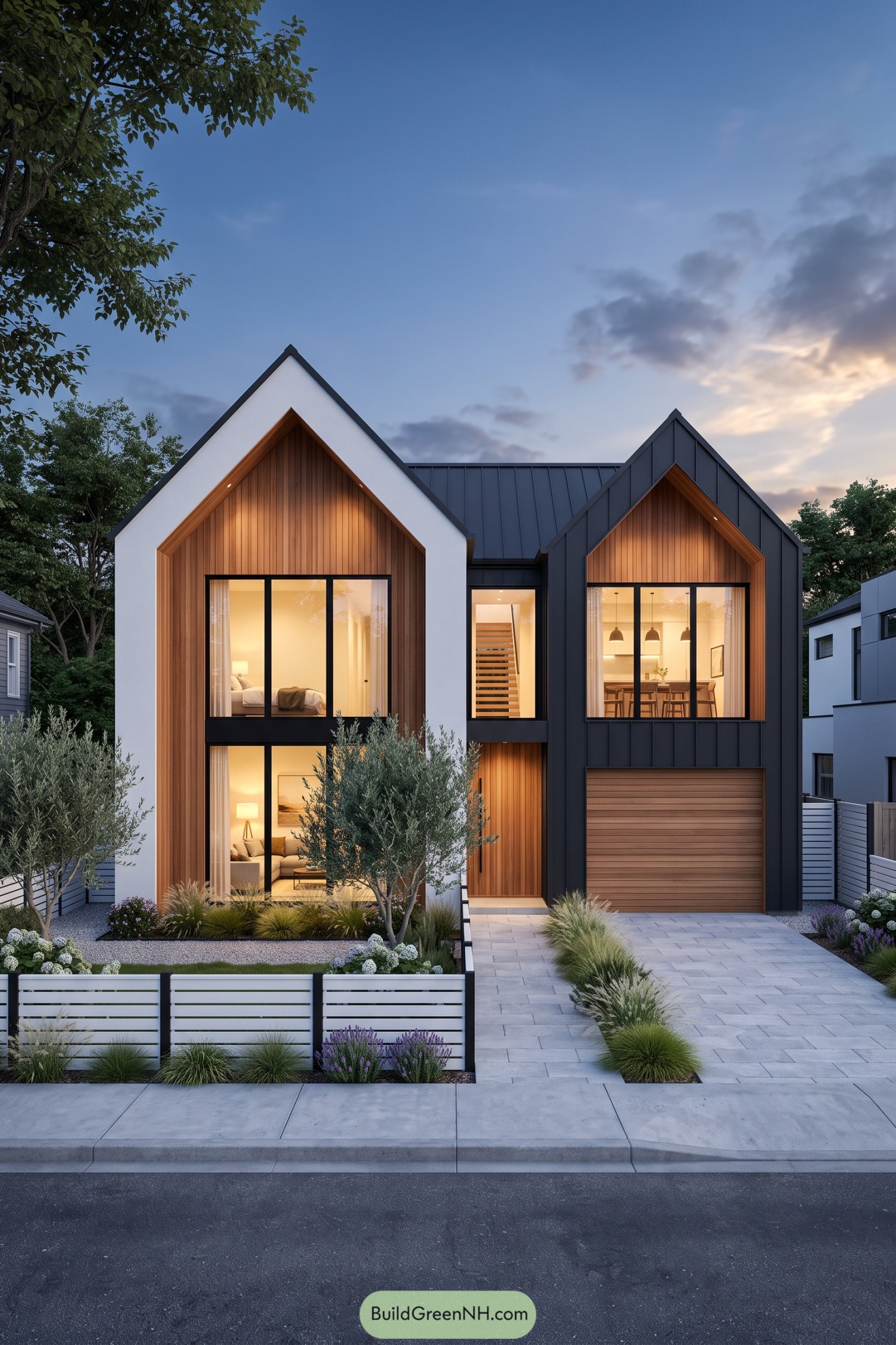 Modern two-story home with contrasting white and charcoal gables, timber cladding, large windows, and a wood garage door