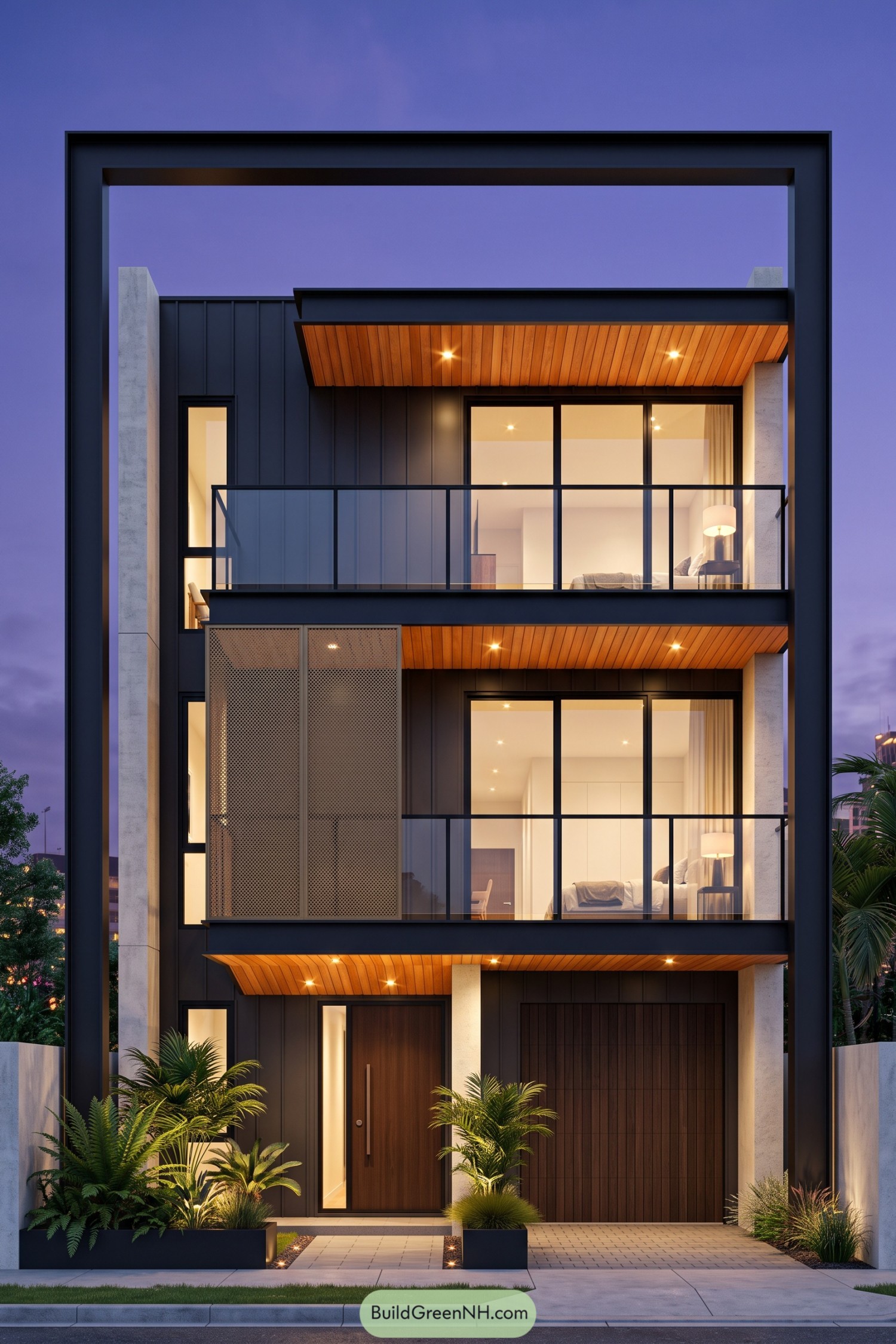 Three story modern home with a tall black frame, glass balconies, timber soffits and perforated bronze privacy screens