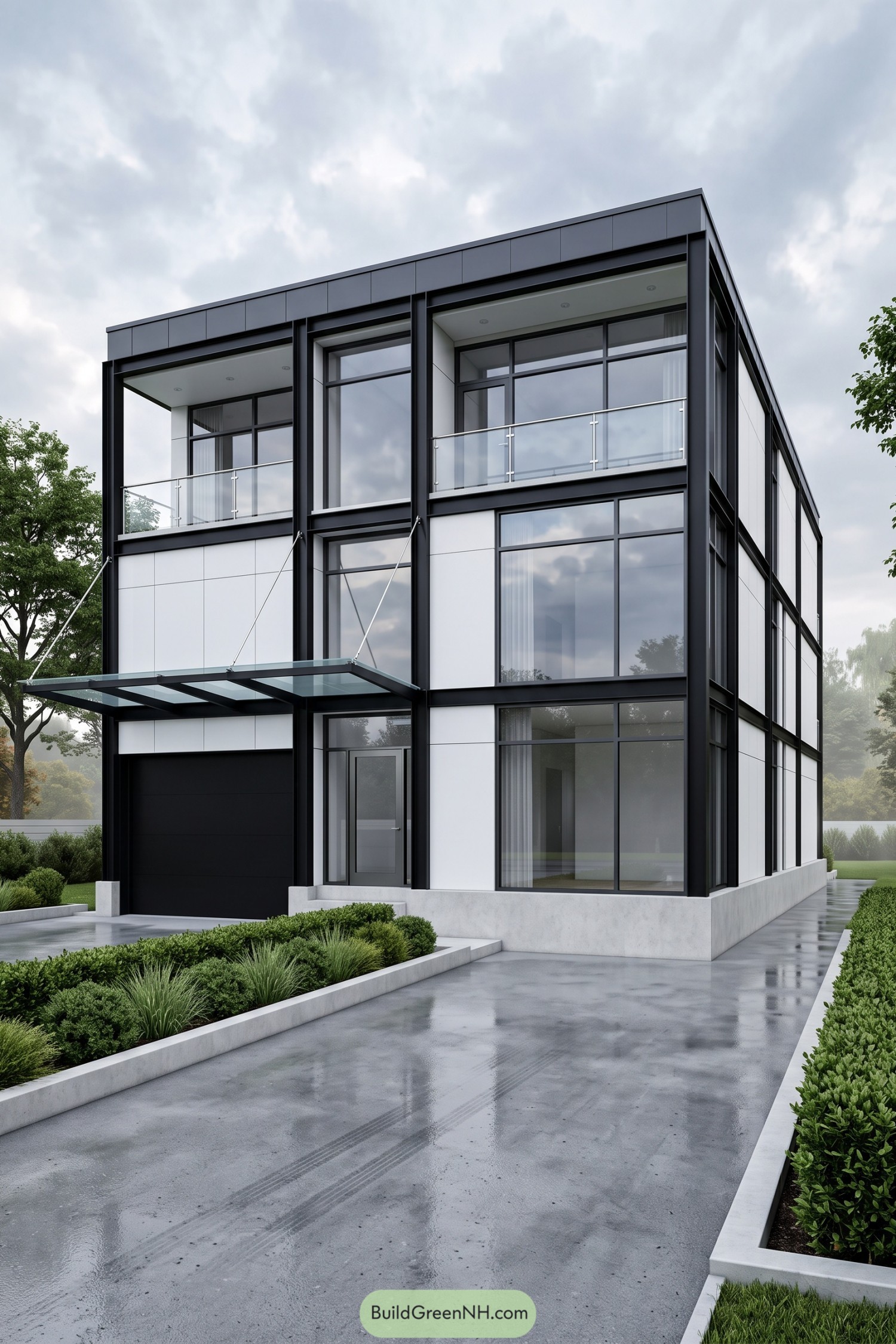 Three story facade with a black structural grid, white panels, tall windows, glass balconies, and a suspended entrance canopy