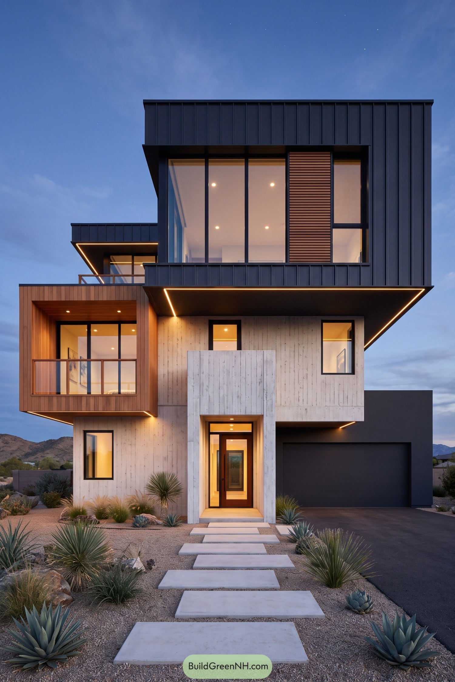 Modern three-story facade with charcoal metal cladding, pale concrete, a timber balcony, and desert landscaping