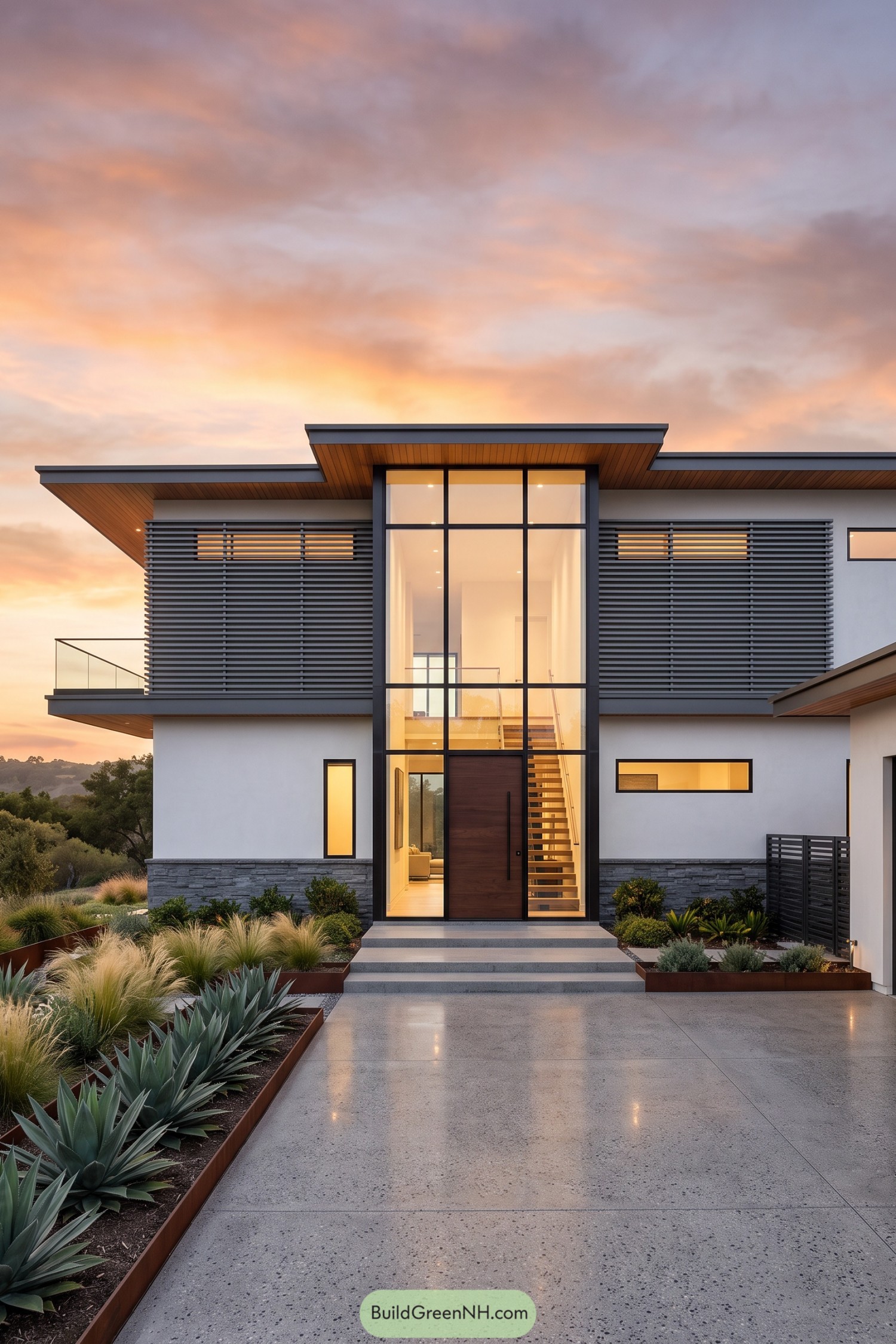 Modern two-story facade with horizontal louvers flanking a tall glazed entrance and visible timber staircase