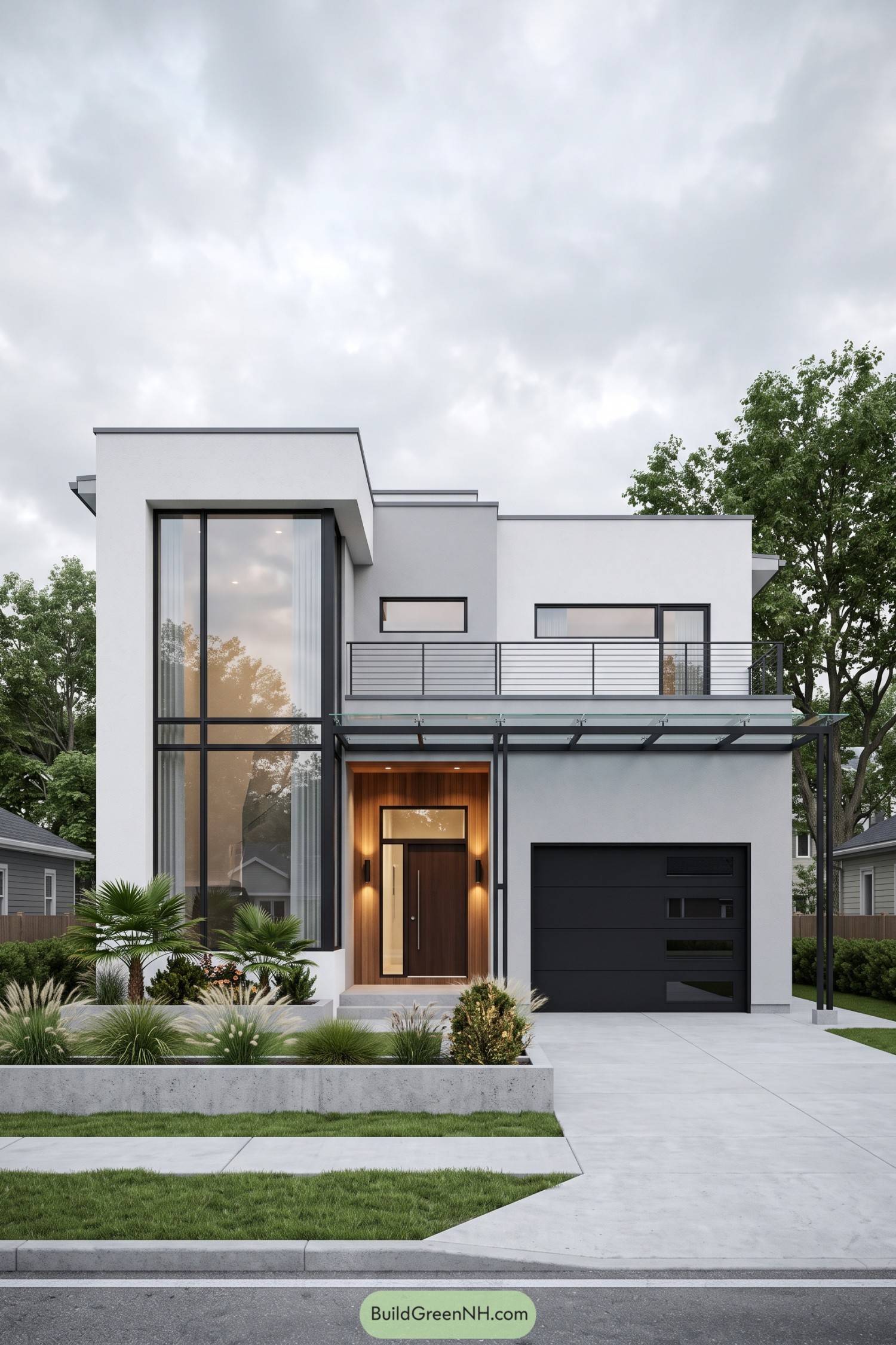 Modern two story home with a stepped white facade tall glazing timber entrance and black garage door