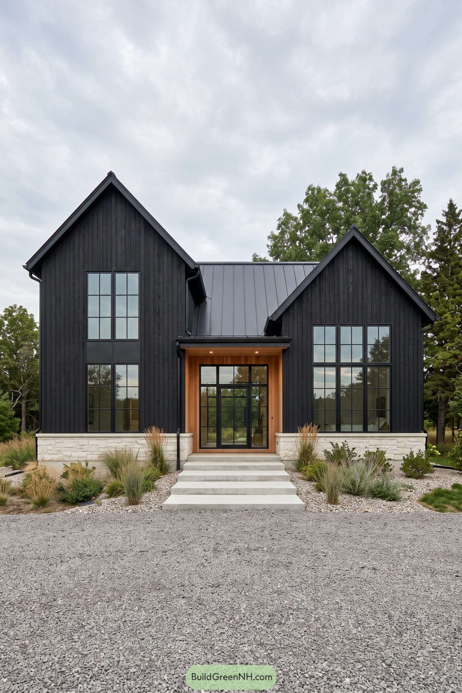 Black gabled farmhouse with tall grid windows and wood entry