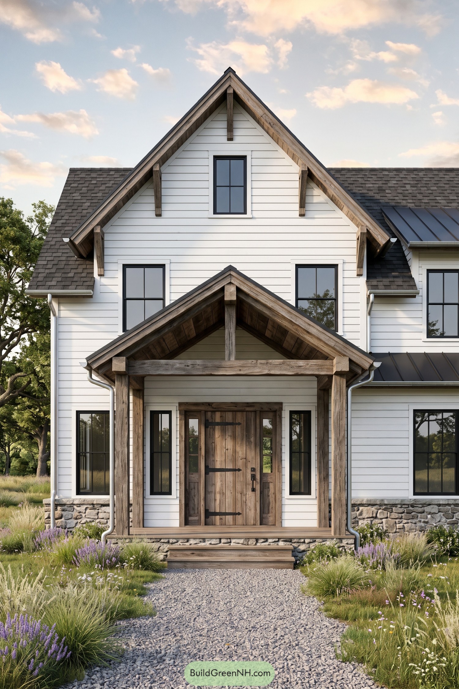 White farmhouse with a timber gabled porch and stone foundation