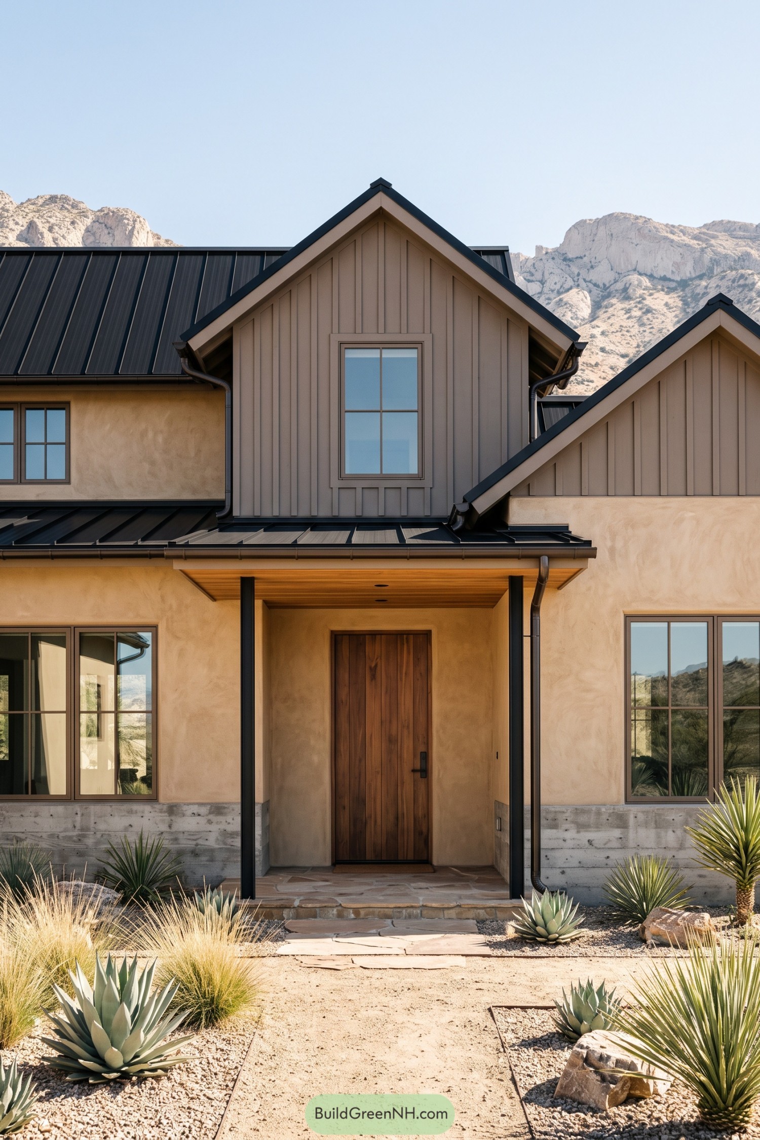 Modern farmhouse entry with plaster walls and dark metal roof