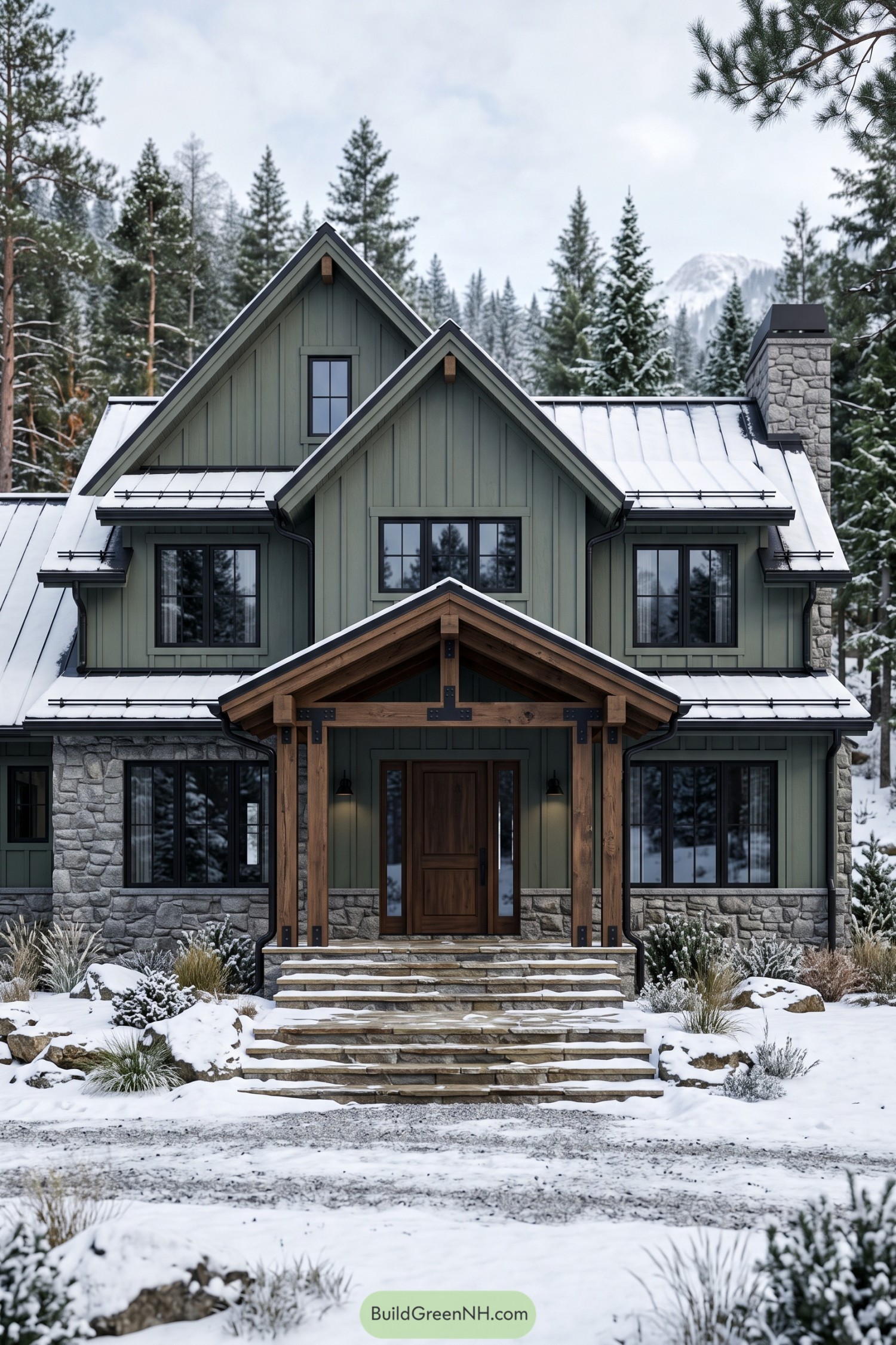 Sage green farmhouse with snowy metal roof stone chimney and timber entry porch