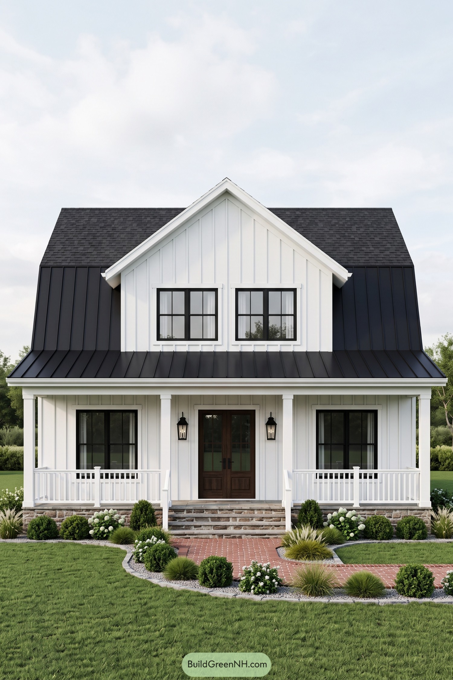 White board and batten farmhouse with black metal roof and covered porch