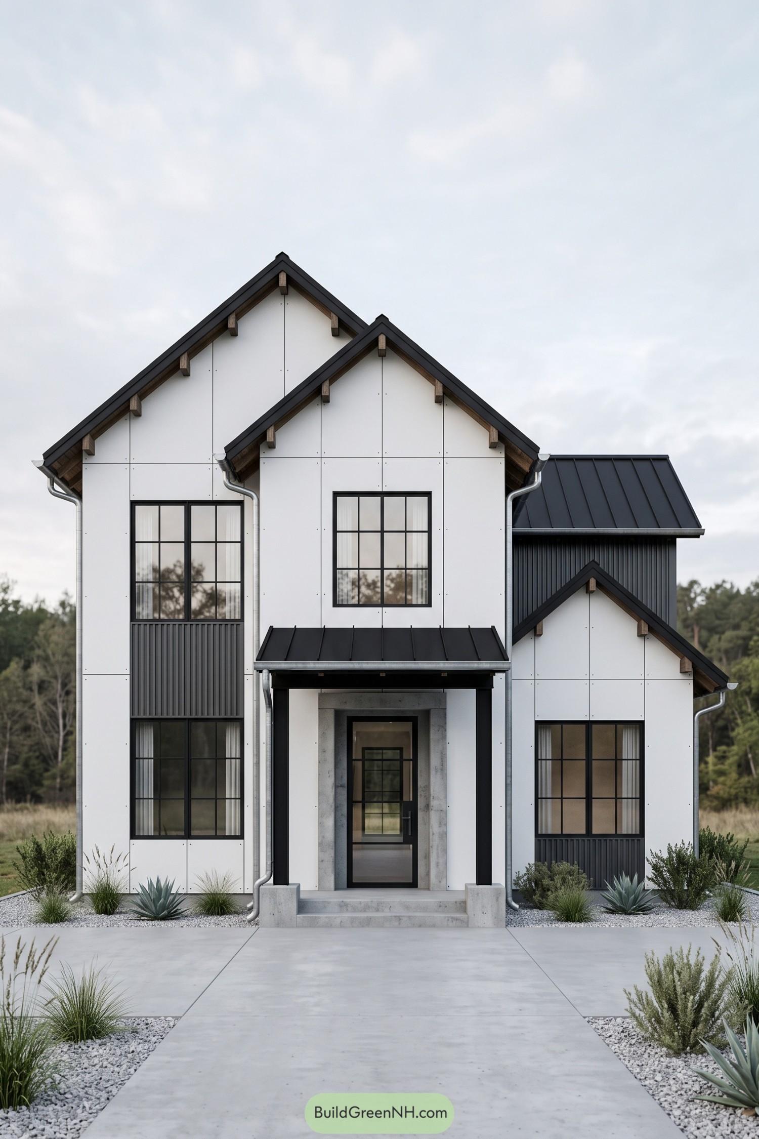 Modern white farmhouse with black gables zinc gutters and gridded windows