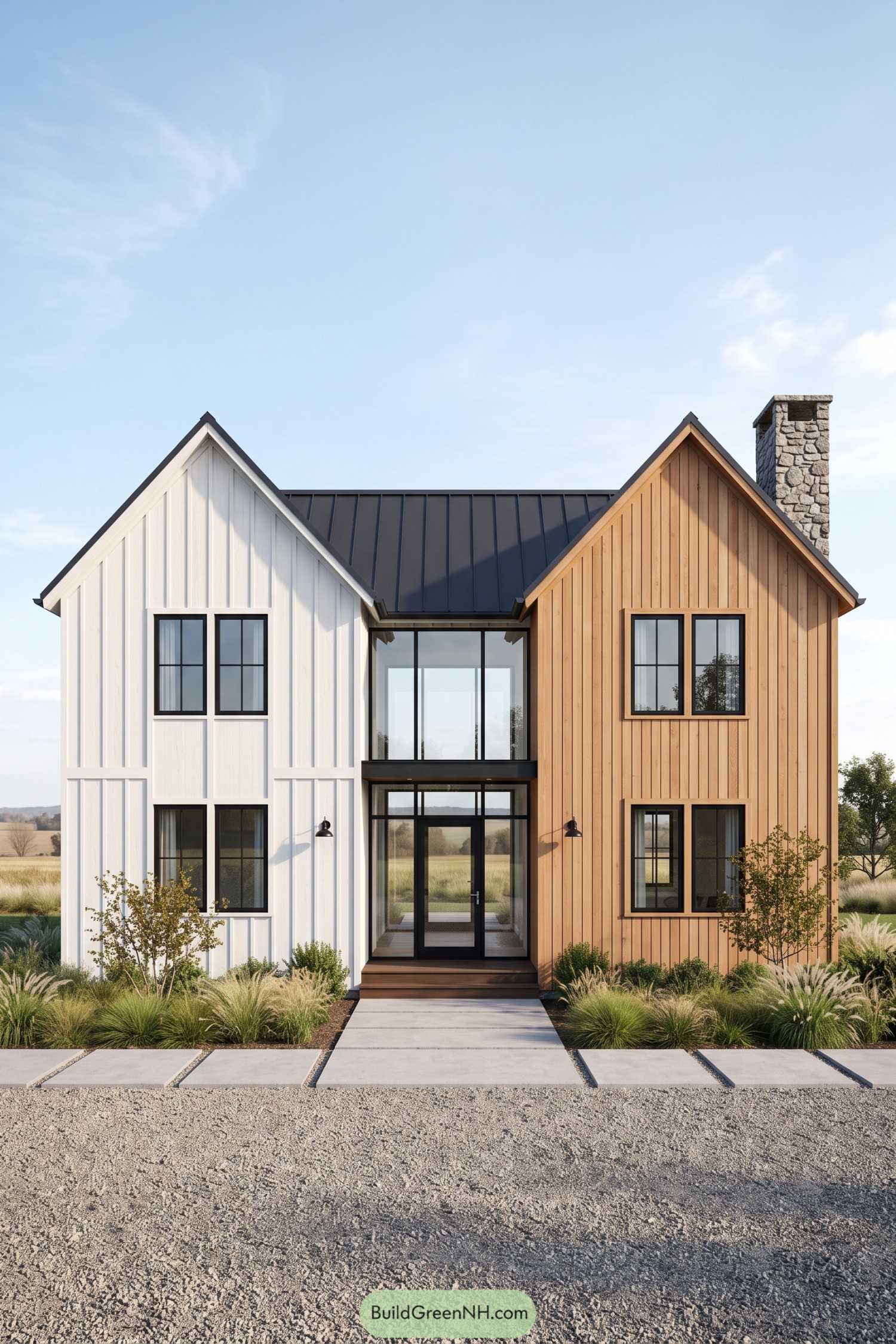 Modern farmhouse with white and timber gables framing a glazed entry