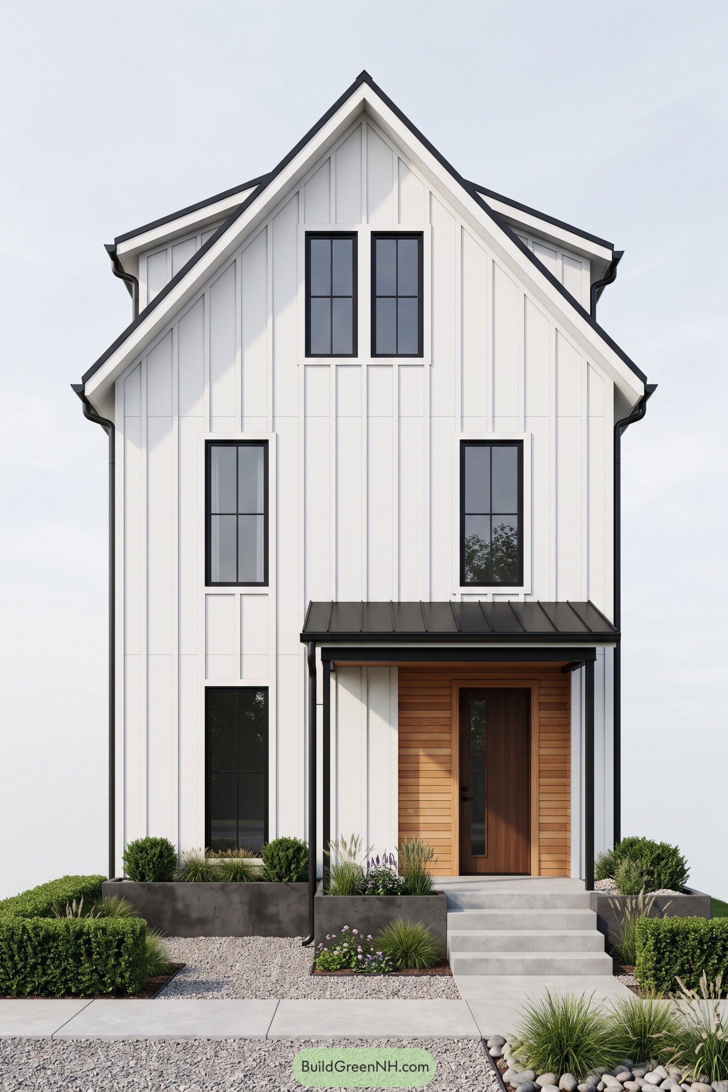 White vertical siding farmhouse with black trim and cedar entry porch