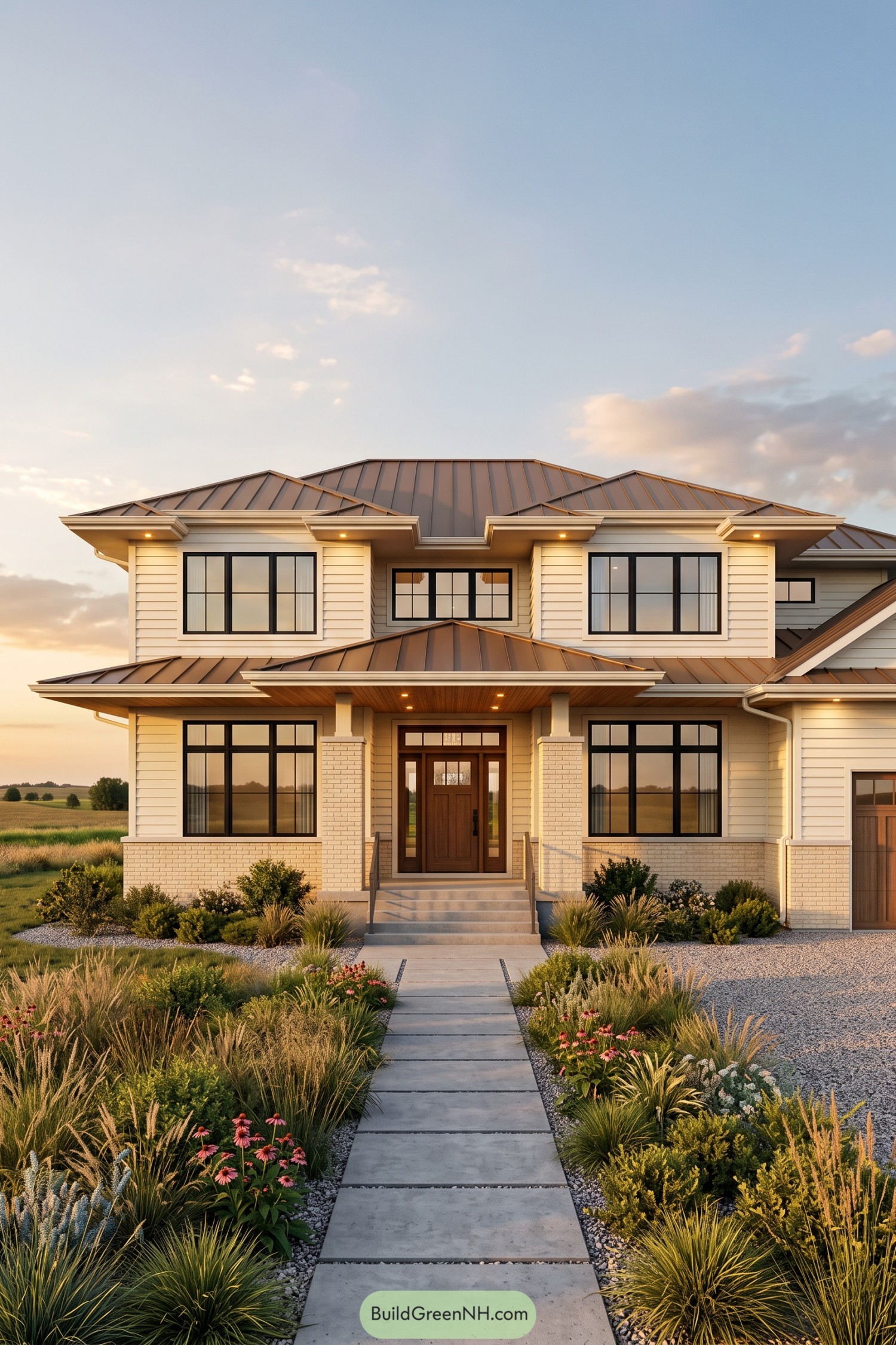 Modern farmhouse with bronze metal roof and brick porch columns