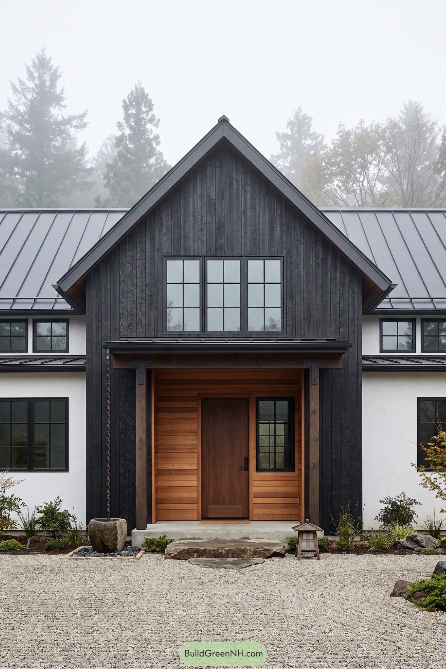 Black gabled farmhouse with warm timber entry and metal roof