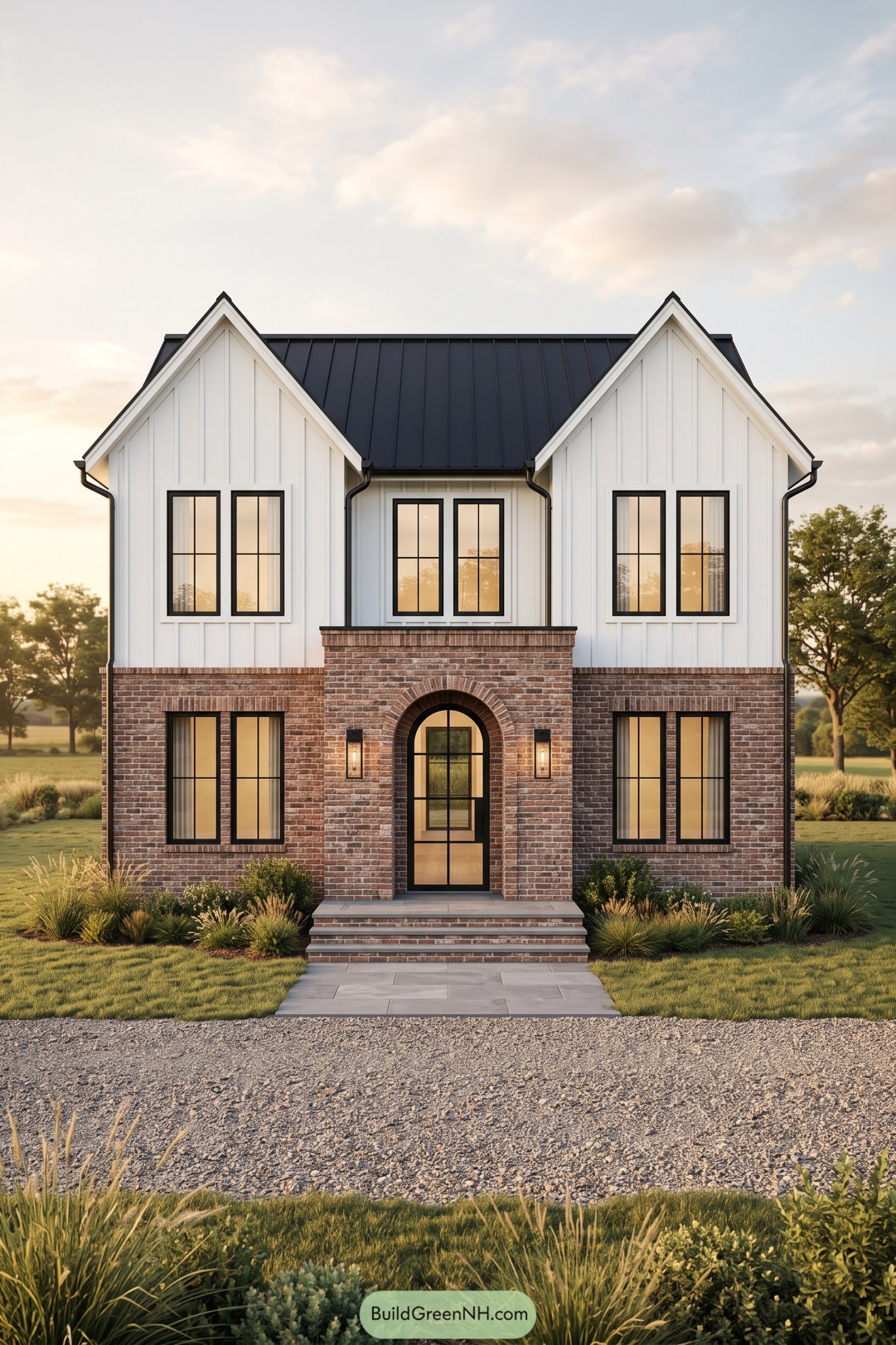 Modern farmhouse with brick facade and arched entry