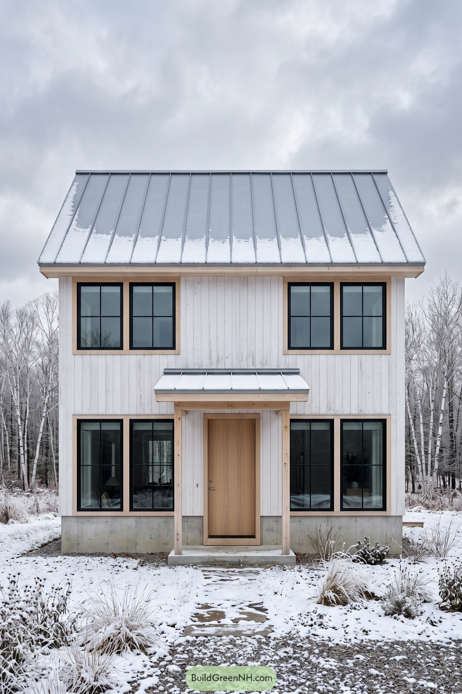 White farmhouse with metal roof and black grid windows in snow