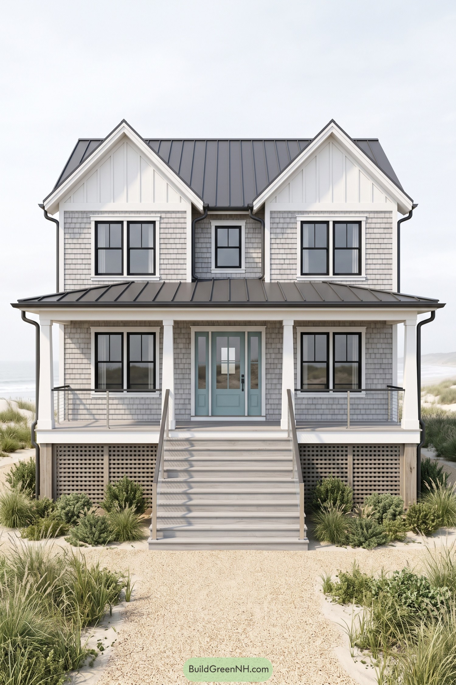 Gray shingle farmhouse with twin gables and aqua entry door