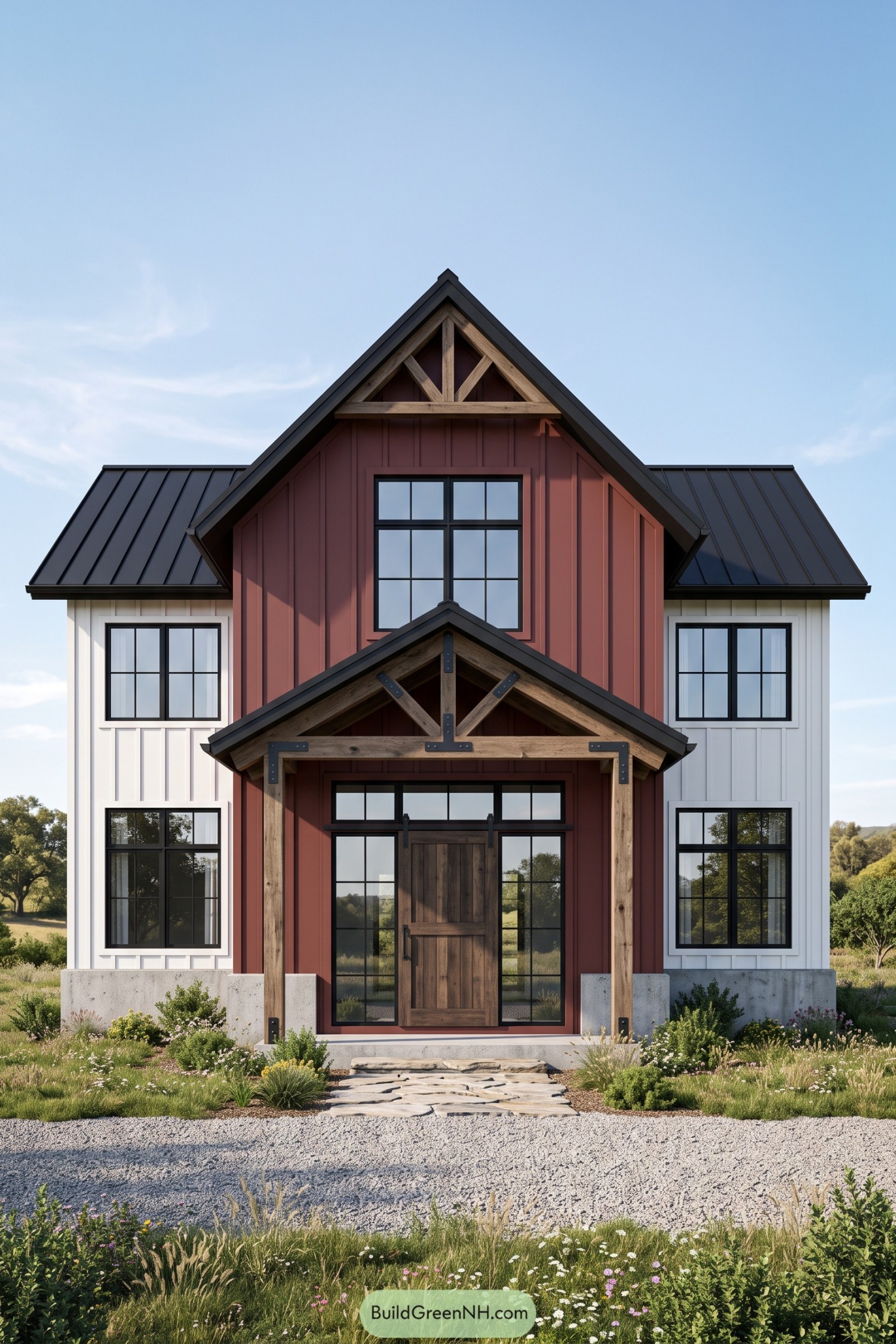 Red board and batten farmhouse with timber entry porch and black metal roof
