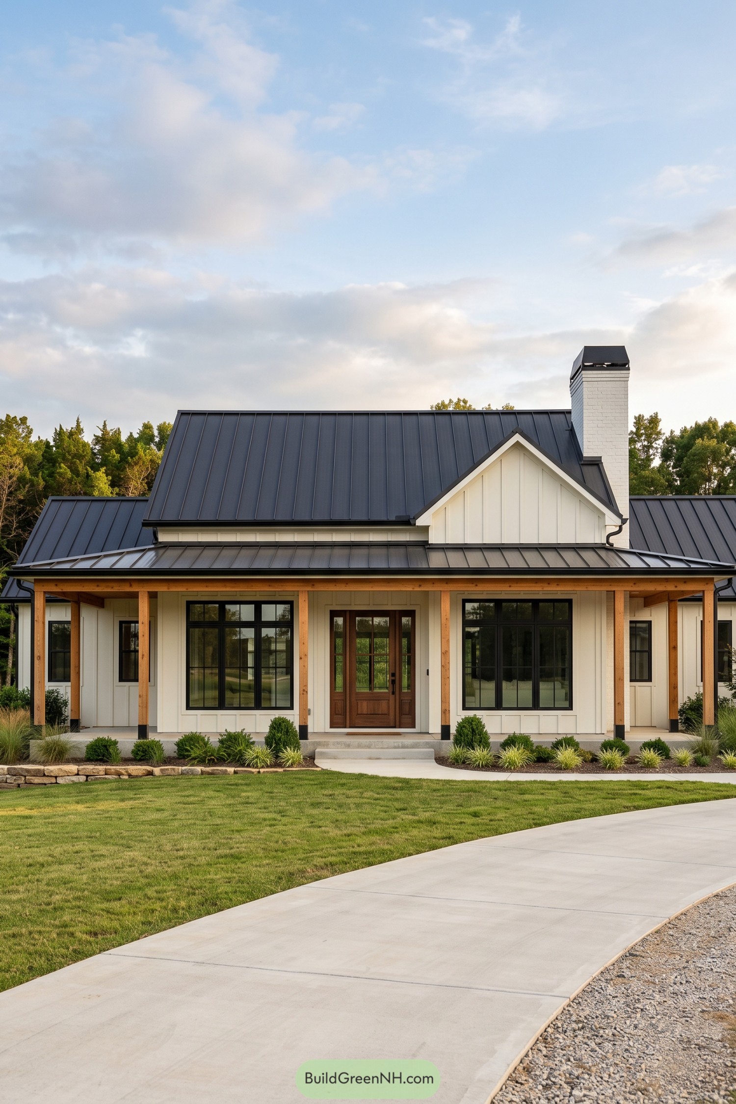 White modern farmhouse with a dark metal roof and timber porch