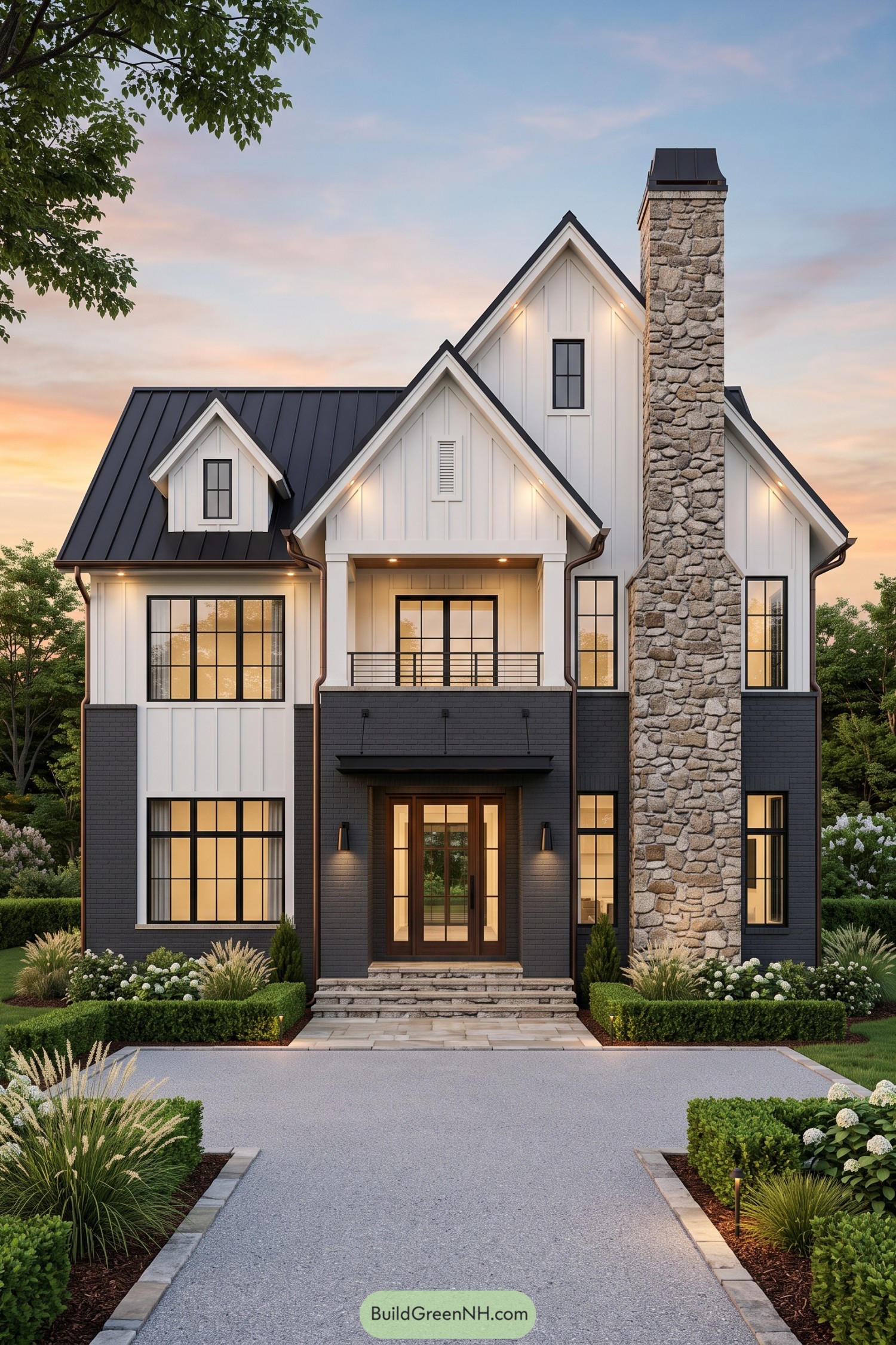 Modern farmhouse with tall stone chimney and black roof