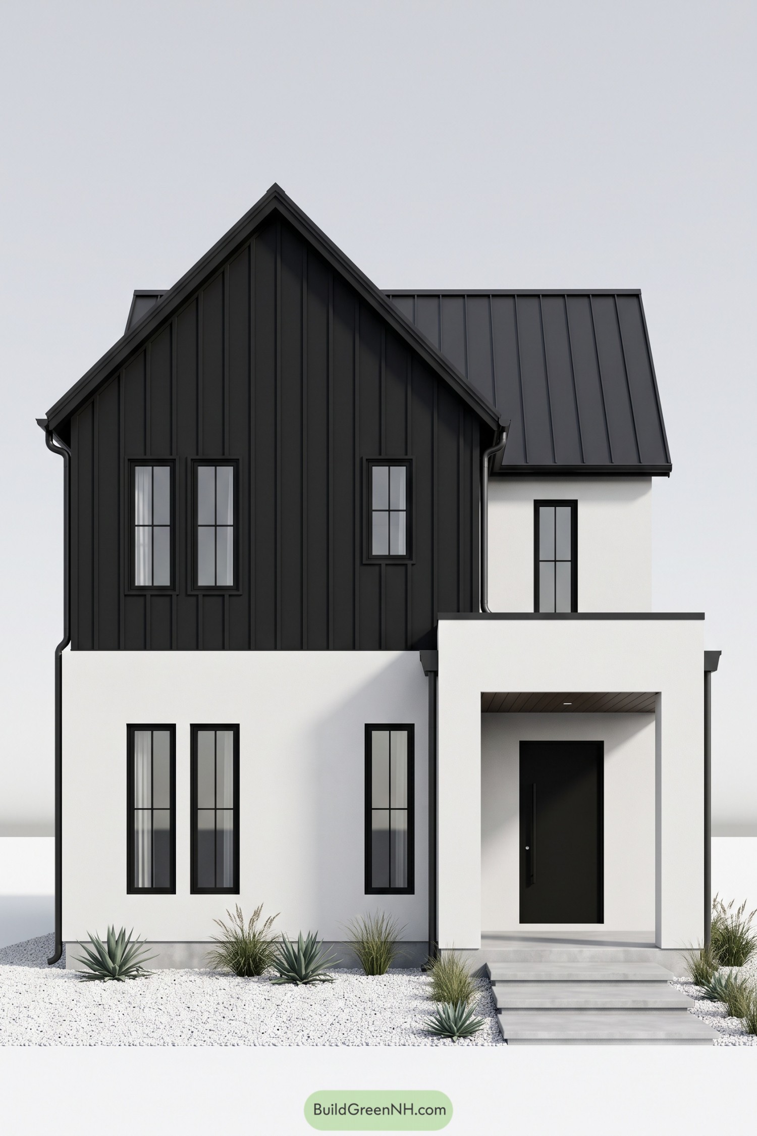 Black clad farmhouse with white entry frame and metal roof