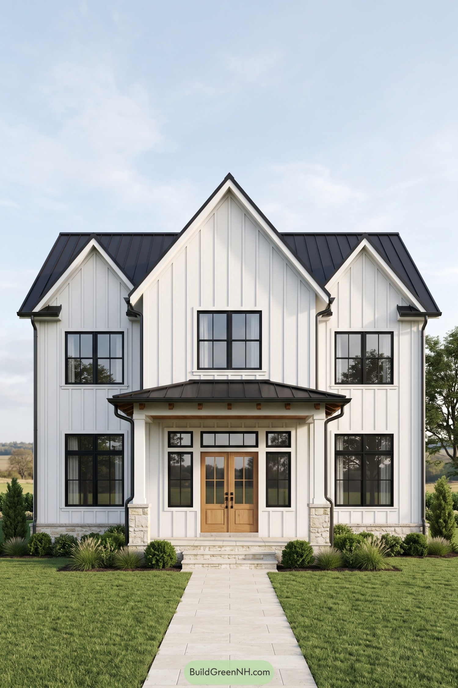 White board and batten farmhouse with black metal roof and central porch