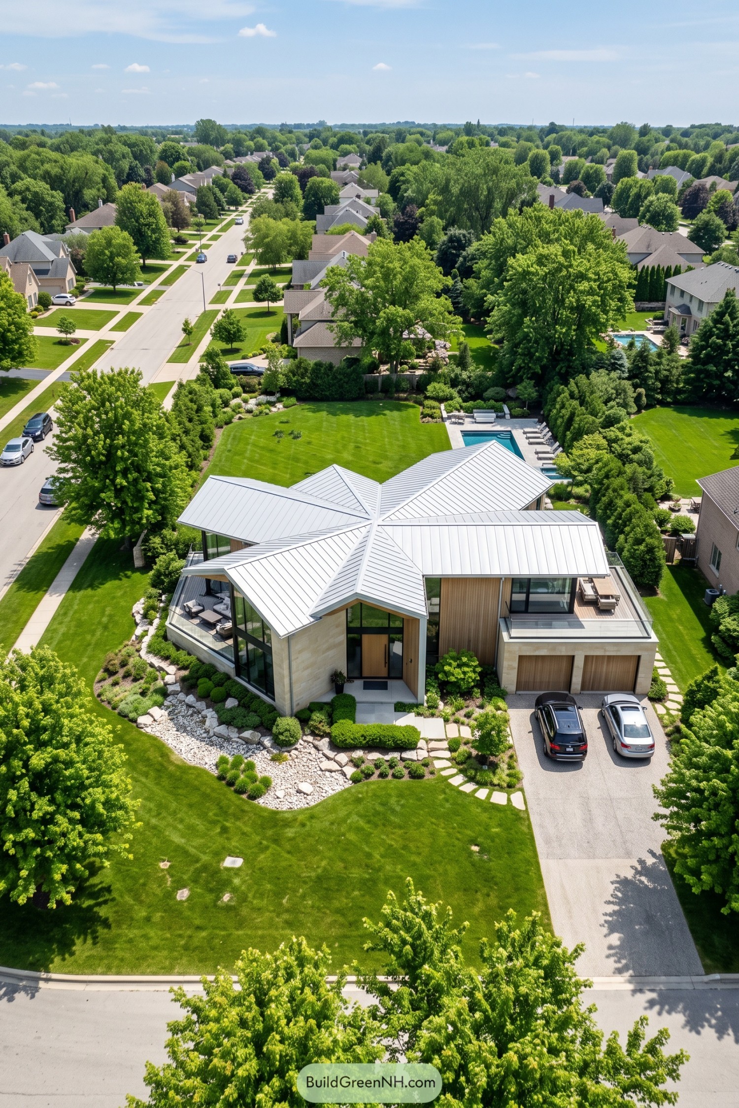 Aerial view of a modern home with a pinwheel folded metal roof