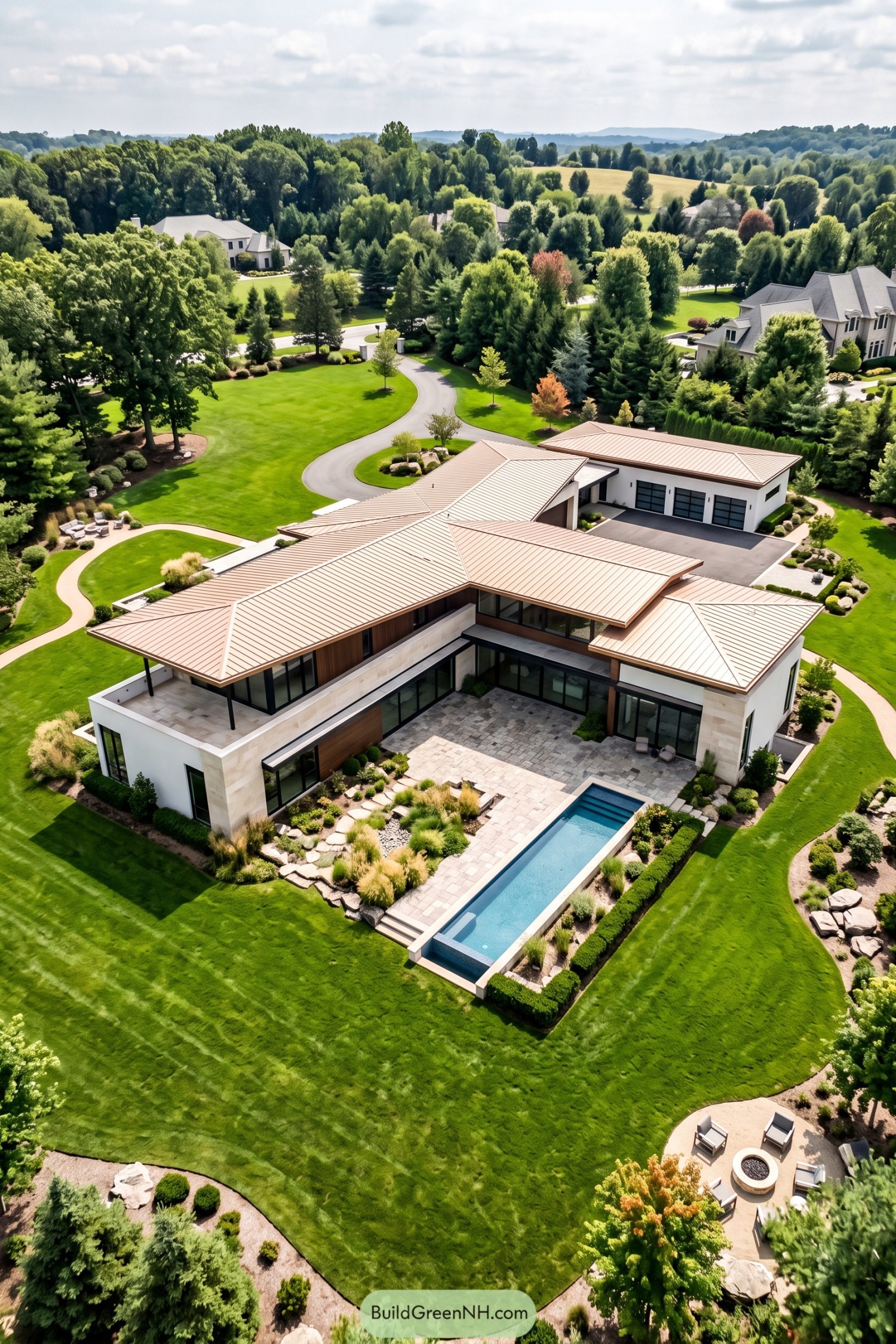 Aerial view of a modern home with angular folded roofs and pool