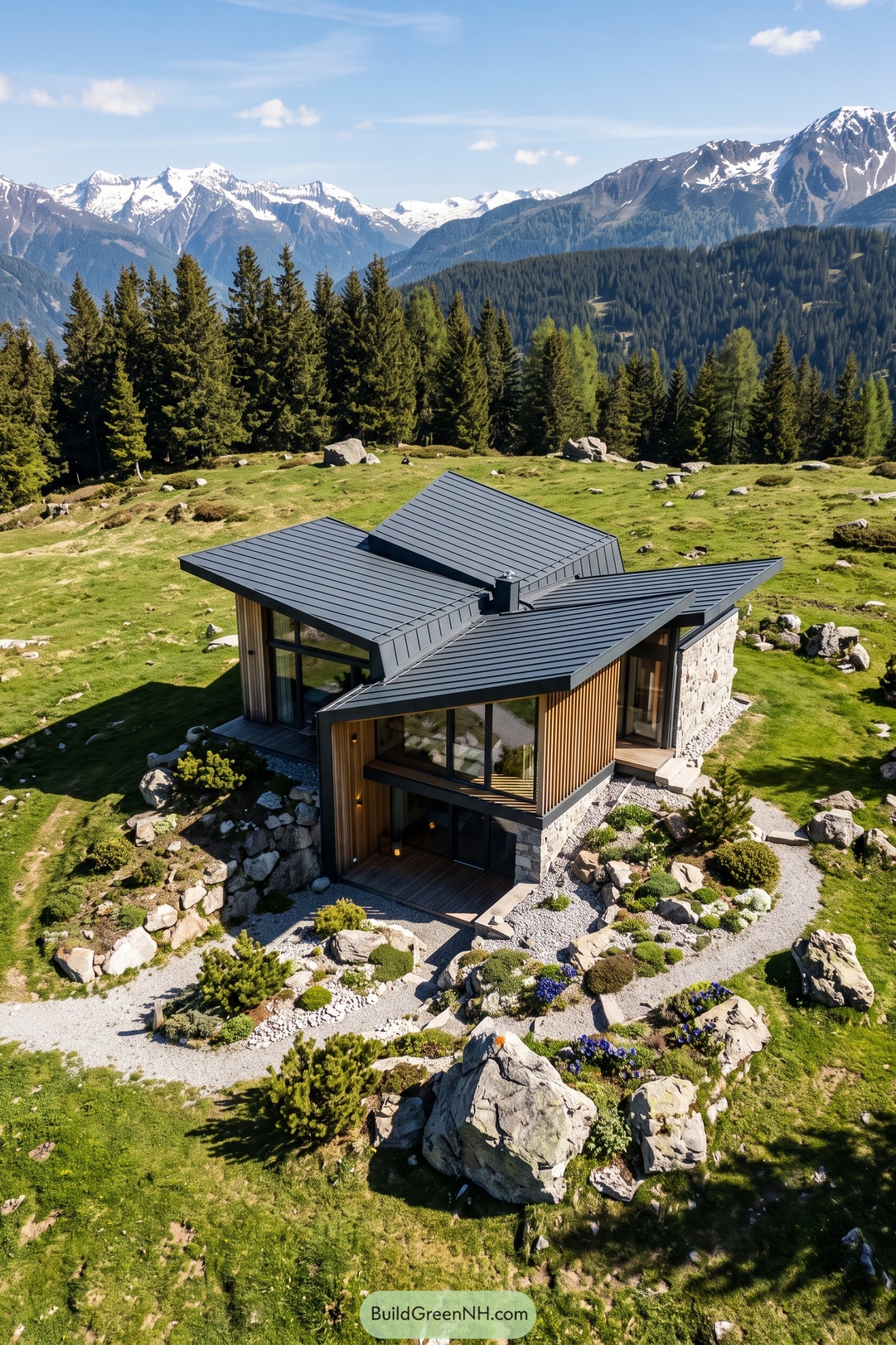 Modern mountain cabin with intersecting folded metal roofs