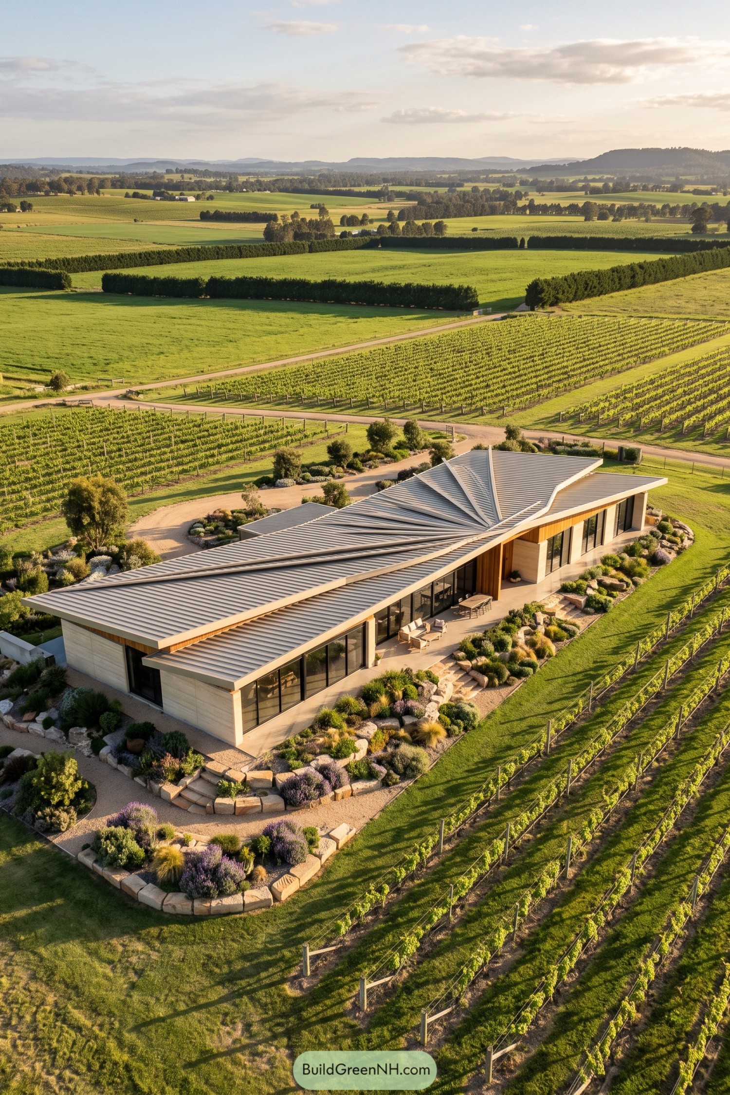 Modern vineyard home with a radiating folded metal roof