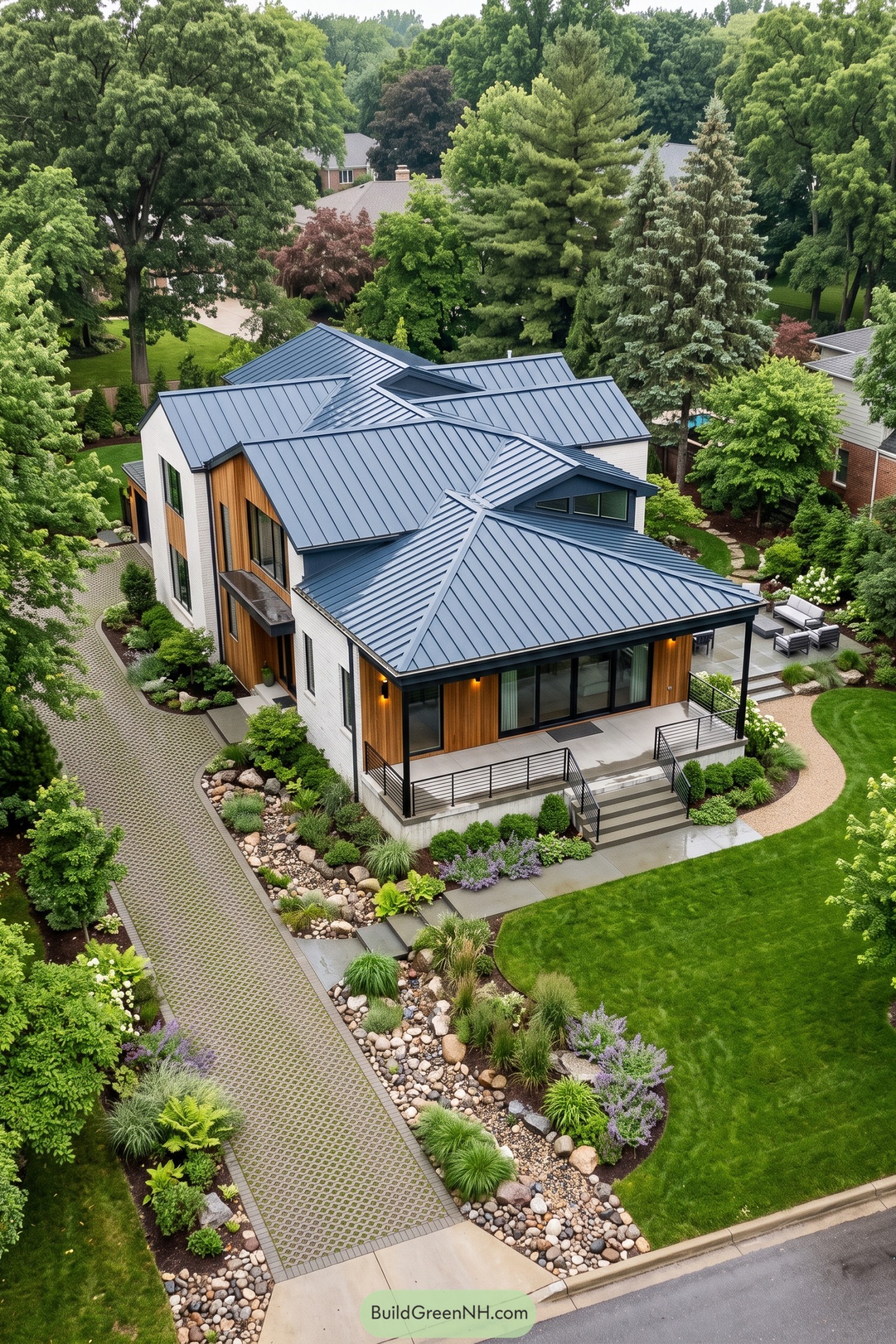 Modern home with intersecting blue metal roof planes