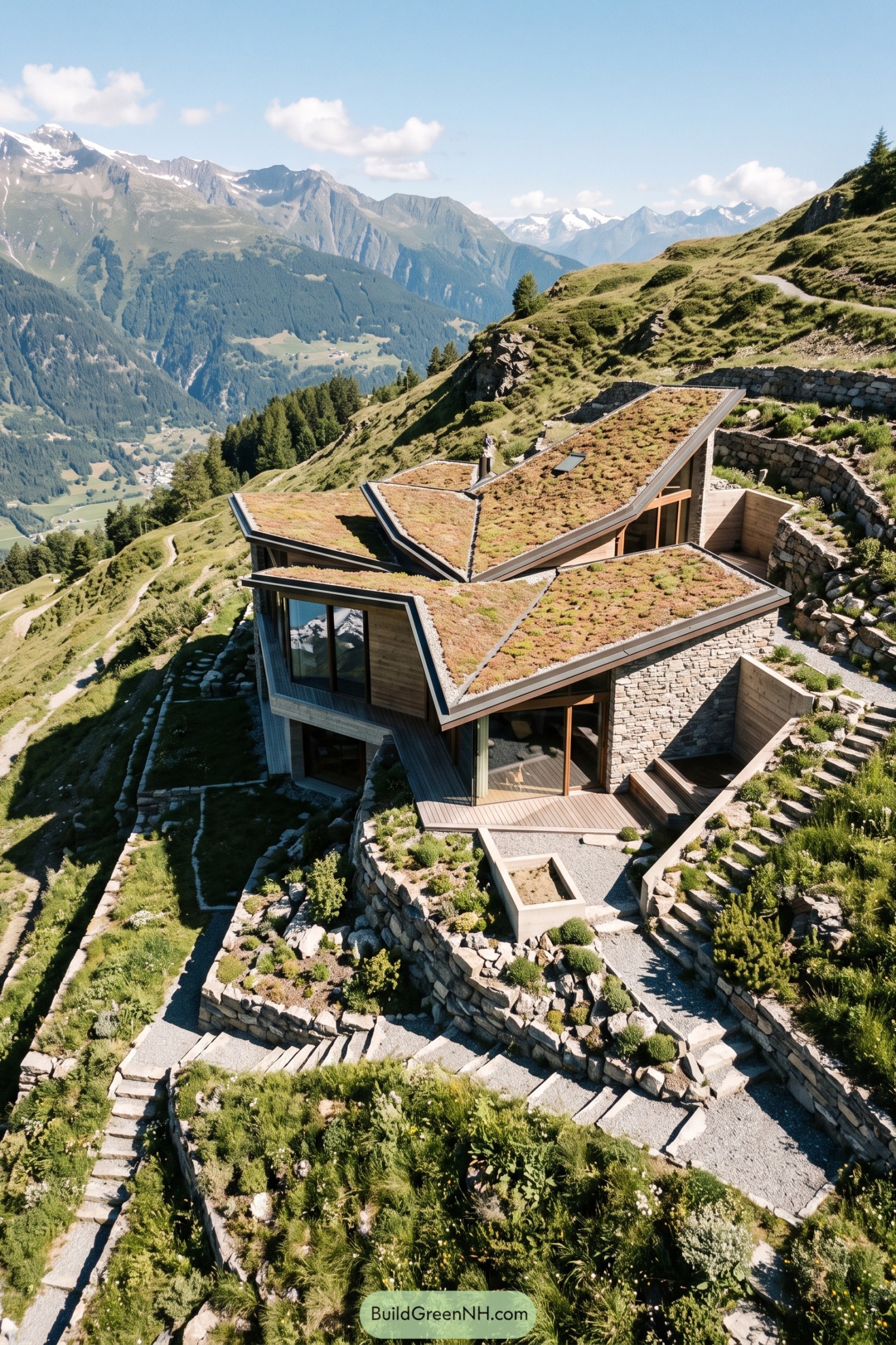 Folded green-roof house terraced into an alpine hillside