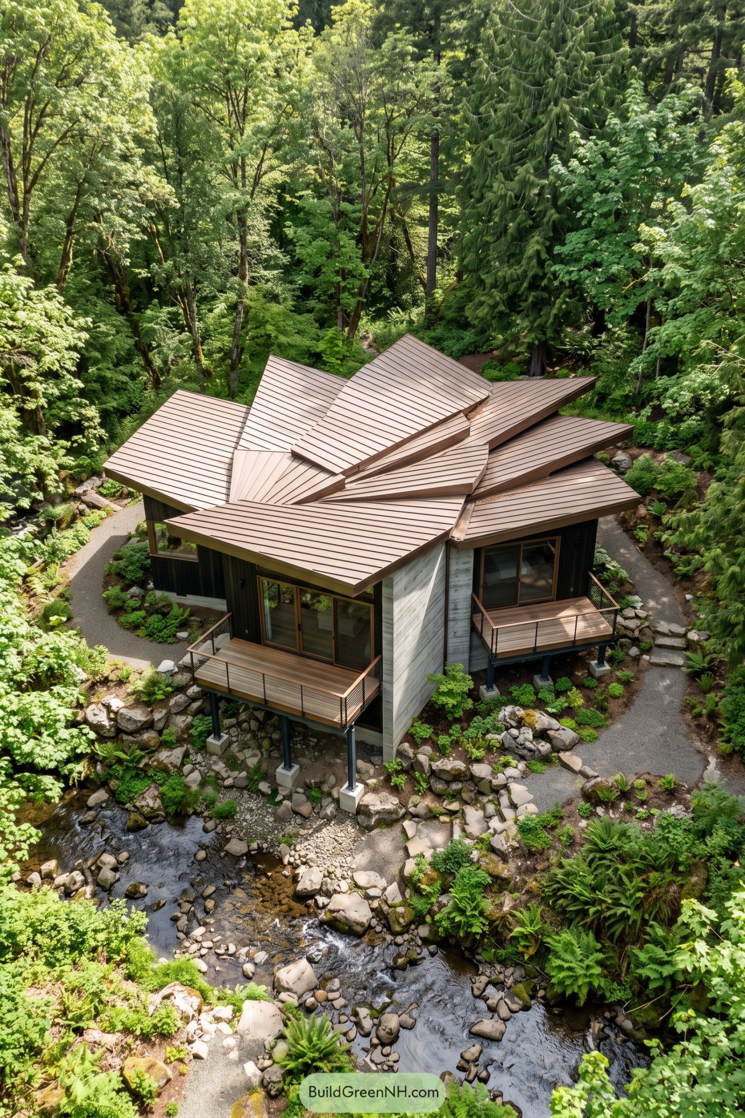 Folded roof house above a forest stream