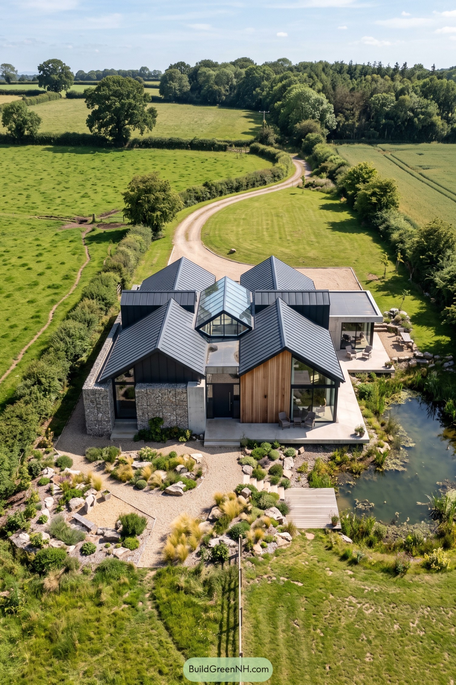 Aerial view of folded roof home beside pond