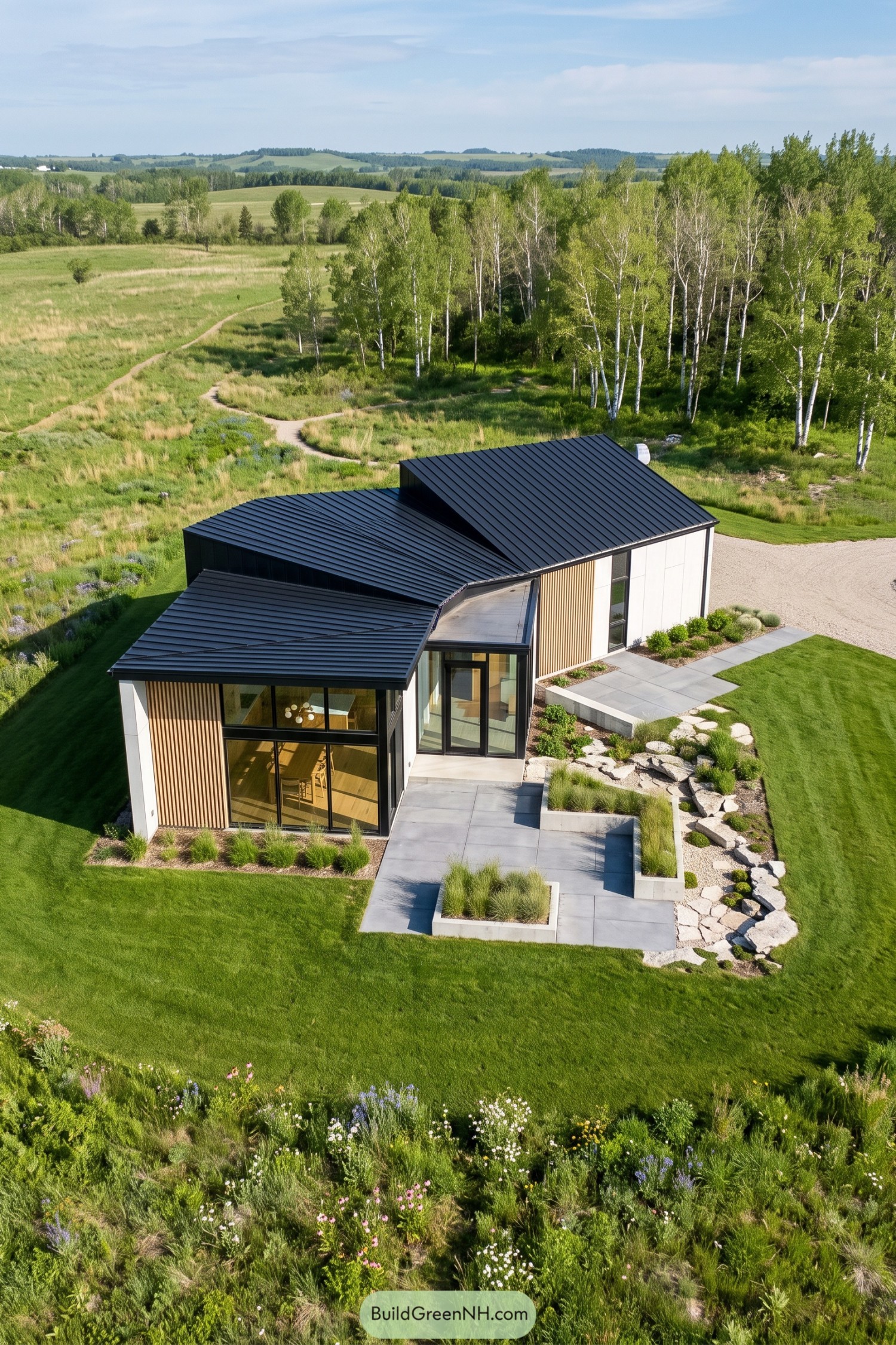 Modern home with angular black metal roofs beside birch woodland